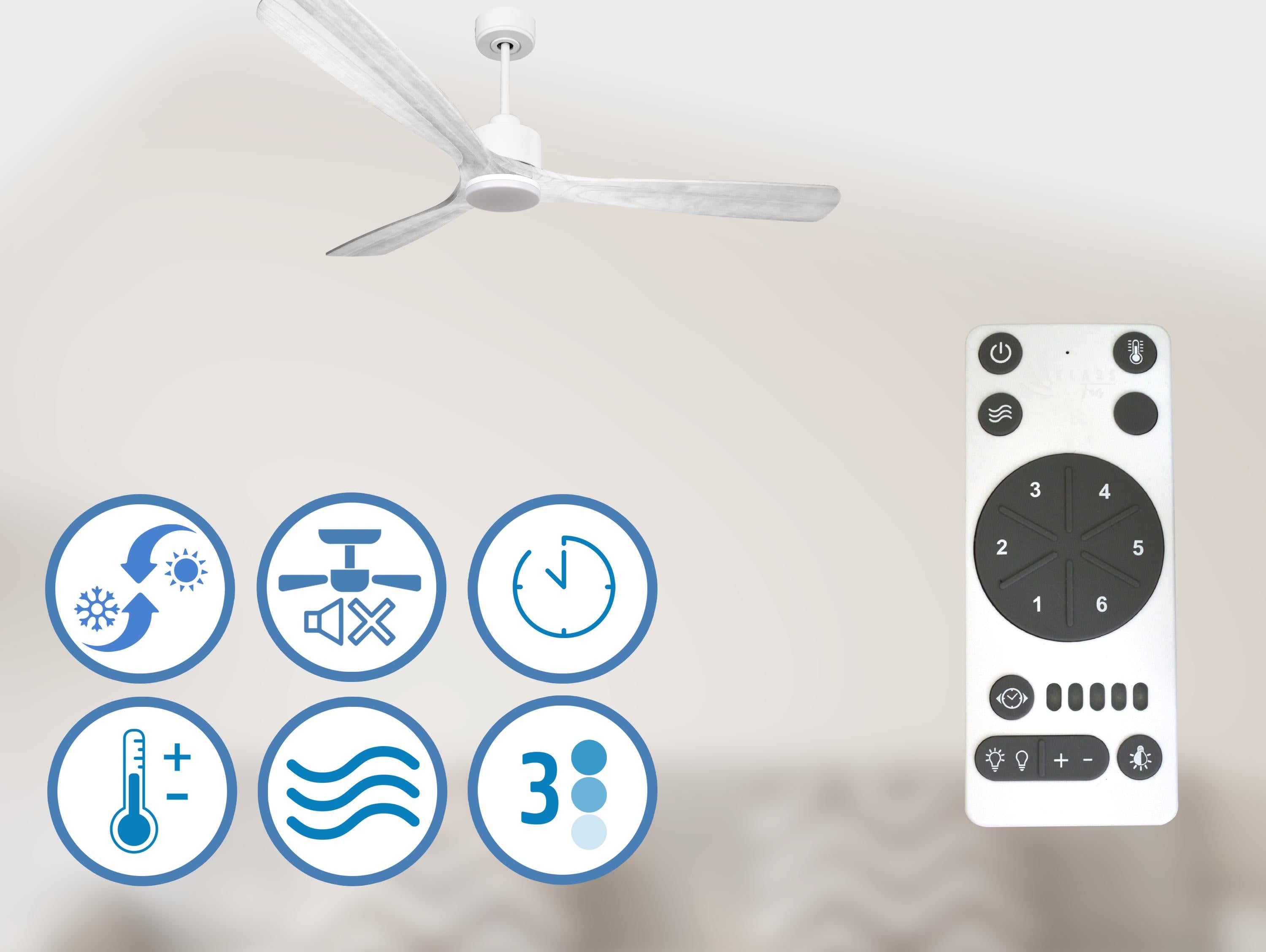 Ventilatore da soffitto Reversibile Termostato Dimmabile Wifi Motore CC Tetti inclinati Telecomando Luce a tre toni Hypersilence Memoria Shopify Vendible (AUTOMATICO)