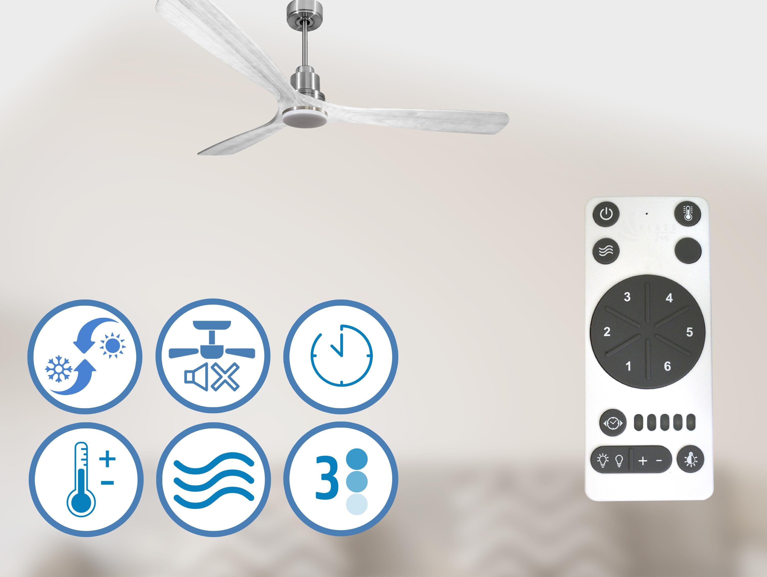 Ventilatore da soffitto Reversibile Termostato Dimmabile Wifi Motore CC Tetti inclinati Telecomando Luce a tre toni Hypersilence Memoria Shopify Vendible (AUTOMATICO)