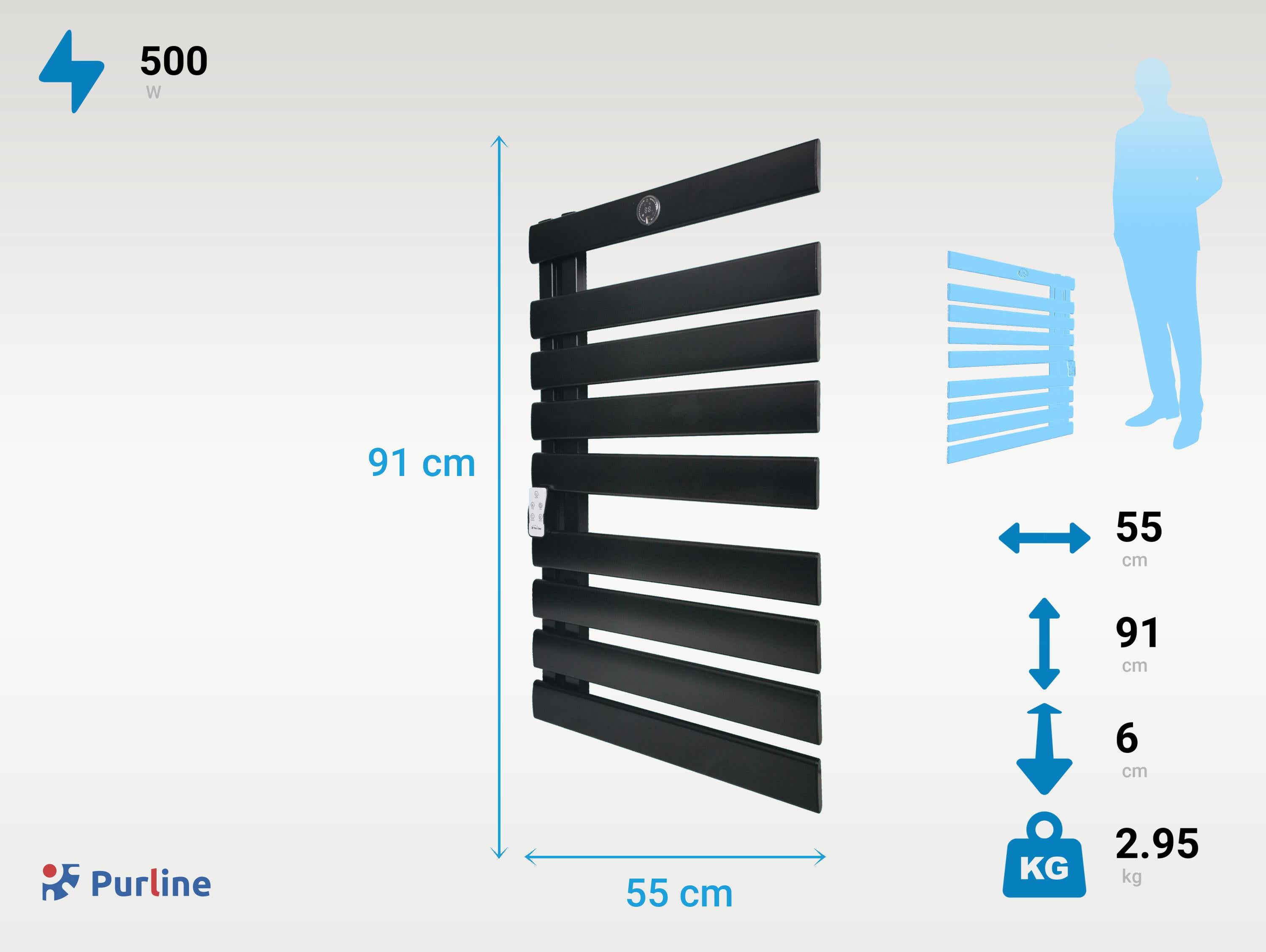Scaldasalviette elettrico in alluminio nero da 500W con controllo WiFi
