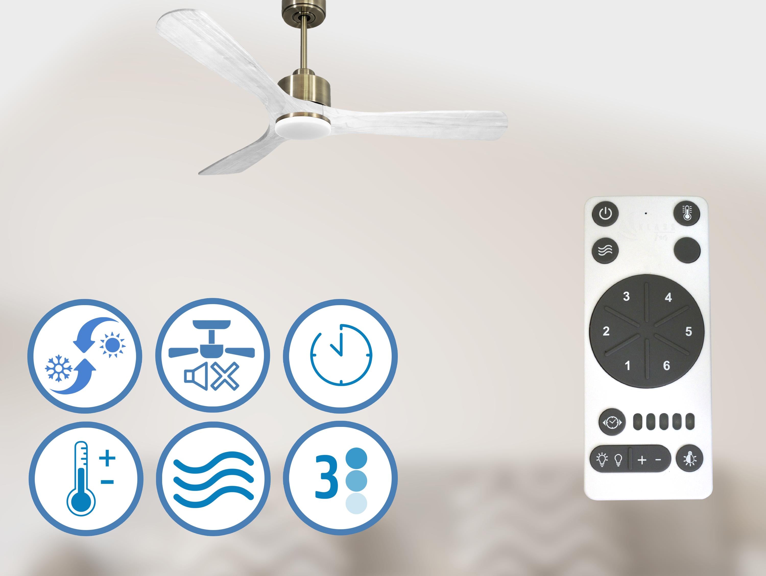 Ventilatore da soffitto Reversibile Termostato Dimmabile Wifi Motore CC Tetti inclinati Telecomando Luce a tre toni Hypersilence Memoria Shopify Vendible (AUTOMATICO)