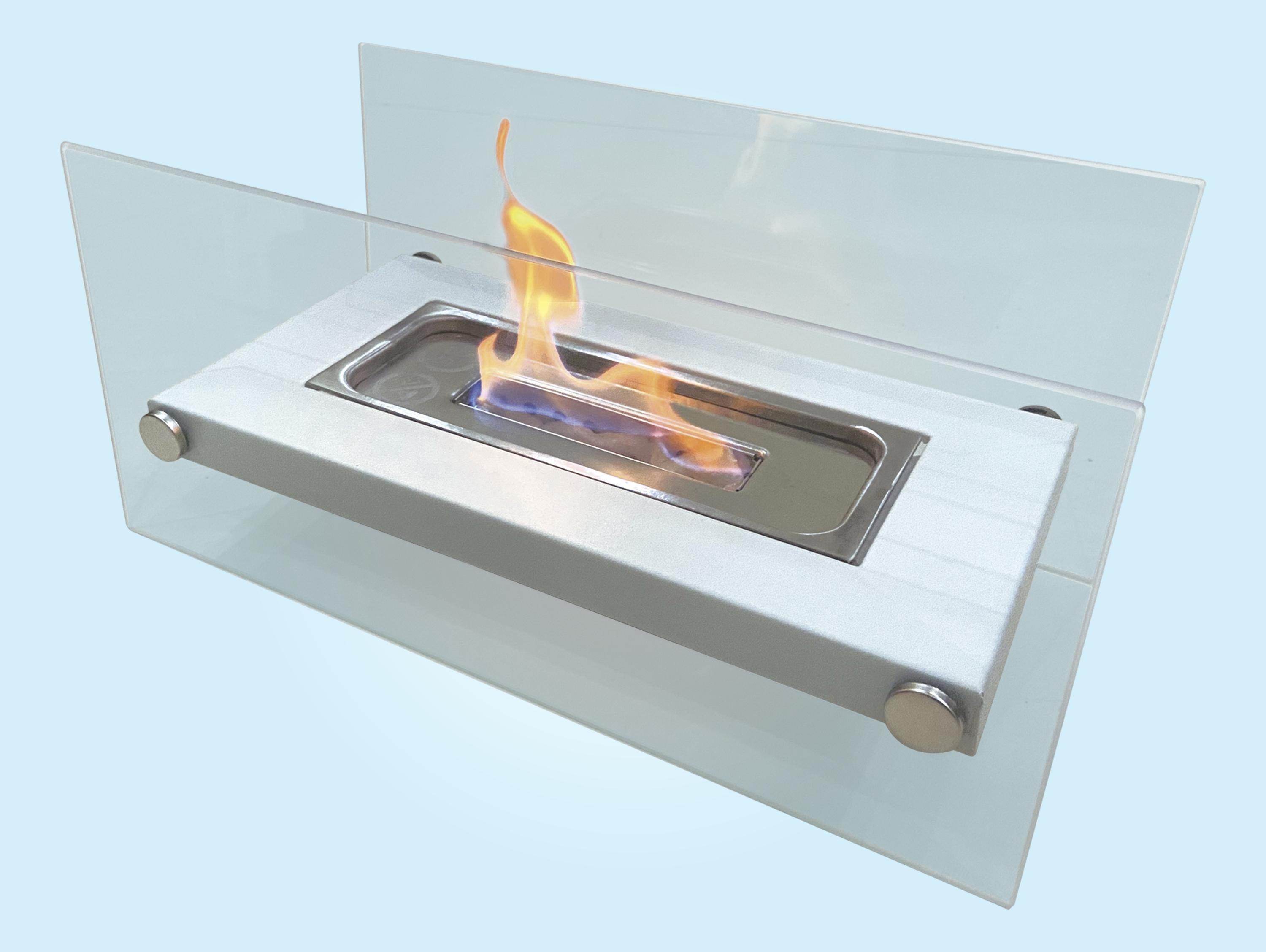 Camino a etanolo da tavolo in metallo bianco e vetro temperato