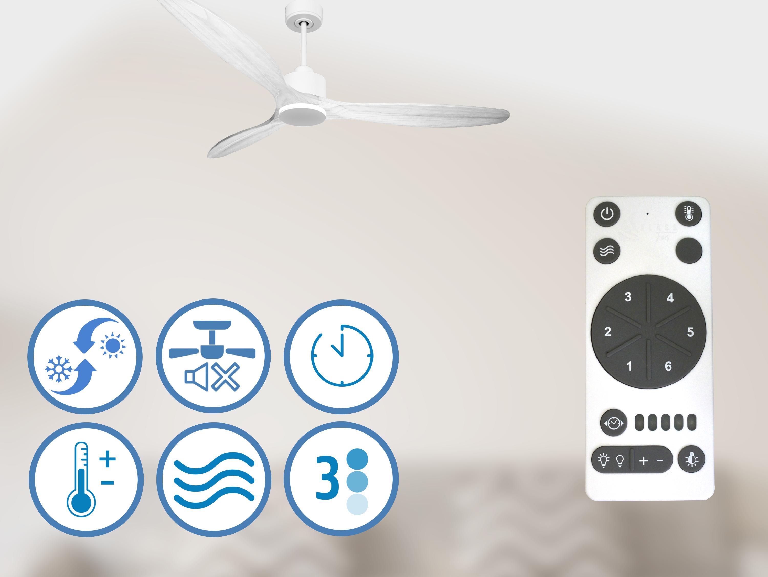 Ventilatore da soffitto Reversibile Termostato Wifi Motore CC Tetti inclinati Telecomando Hypersilence Memoria Shopify Vendible (AUTOMATICO)