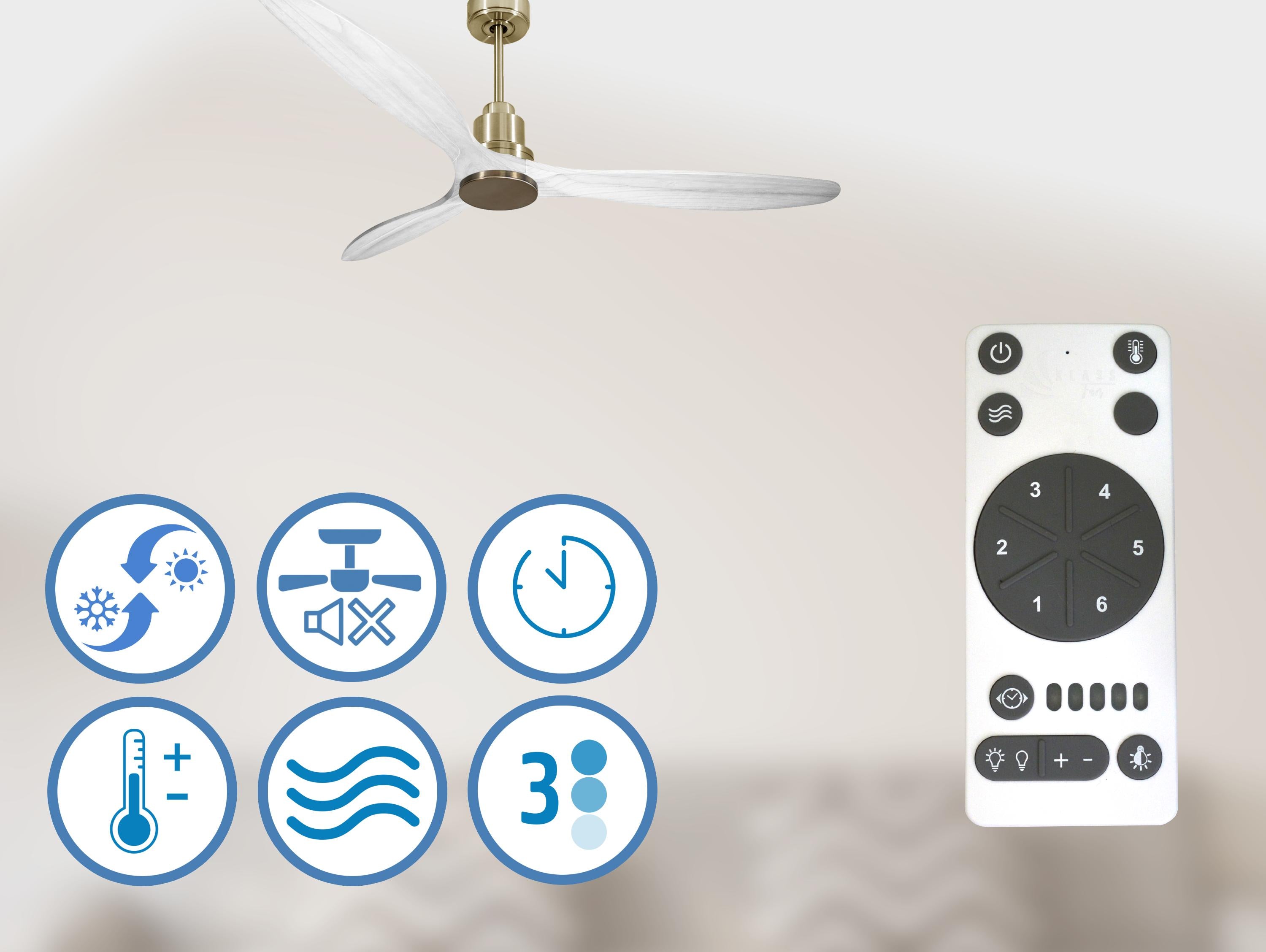 Ventilatore da soffitto Reversibile Termostato Wifi Motore CC Tetti inclinati Telecomando Hypersilence Memoria Shopify Vendible (AUTOMATICO)
