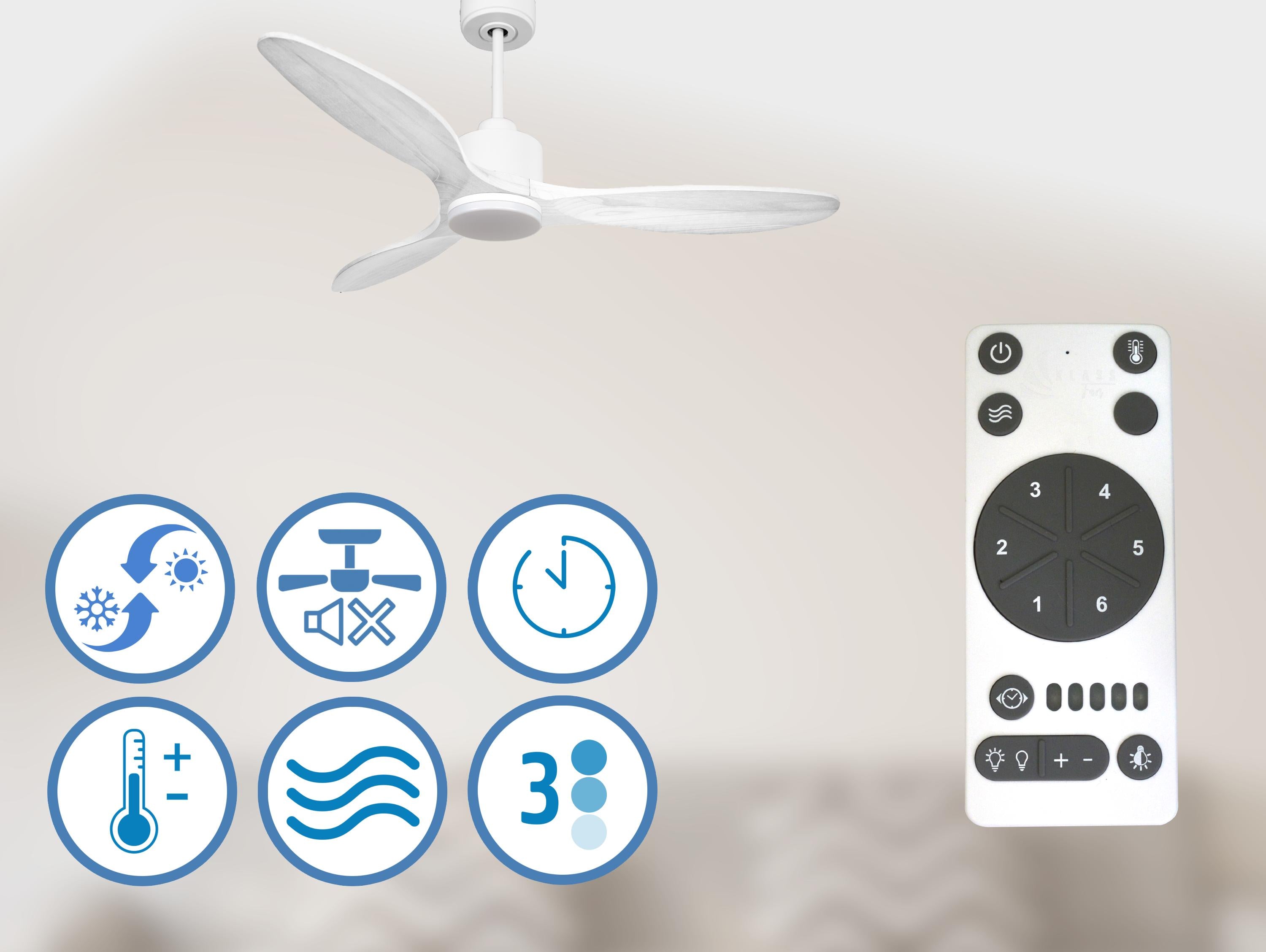 Ventilatore da soffitto Reversibile Termostato Dimmabile Wifi Motore CC Tetti inclinati Telecomando Luce a tre toni Hypersilence Memoria Shopify Vendible (AUTOMATICO)