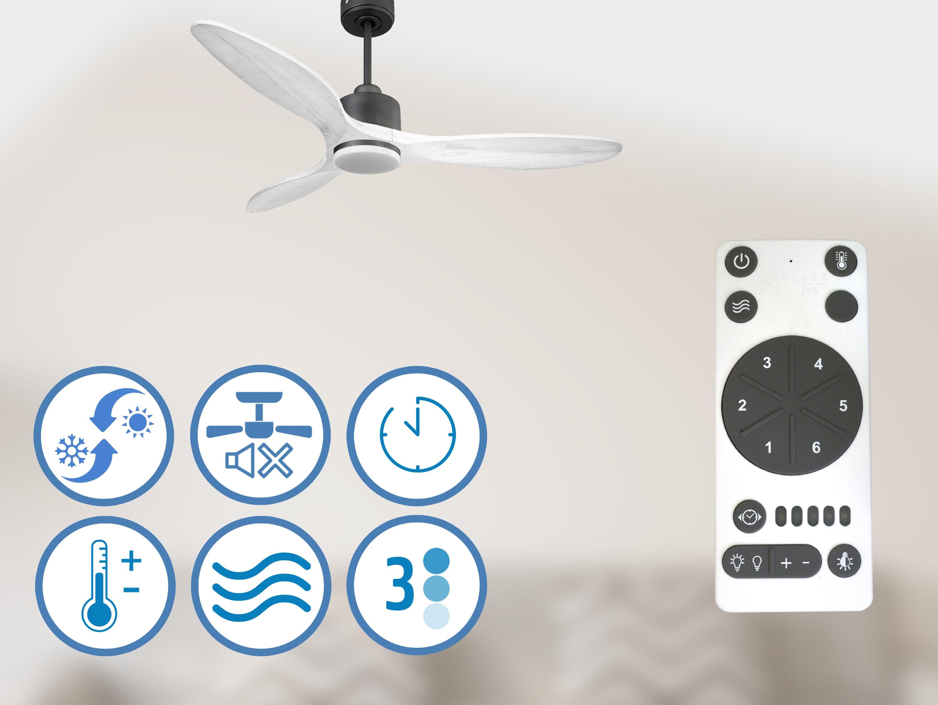 Ventilatore da soffitto Reversibile Termostato Dimmabile Wifi Motore CC Tetti inclinati Telecomando Luce a tre toni Hypersilence Memoria Shopify Vendible (AUTOMATICO)
