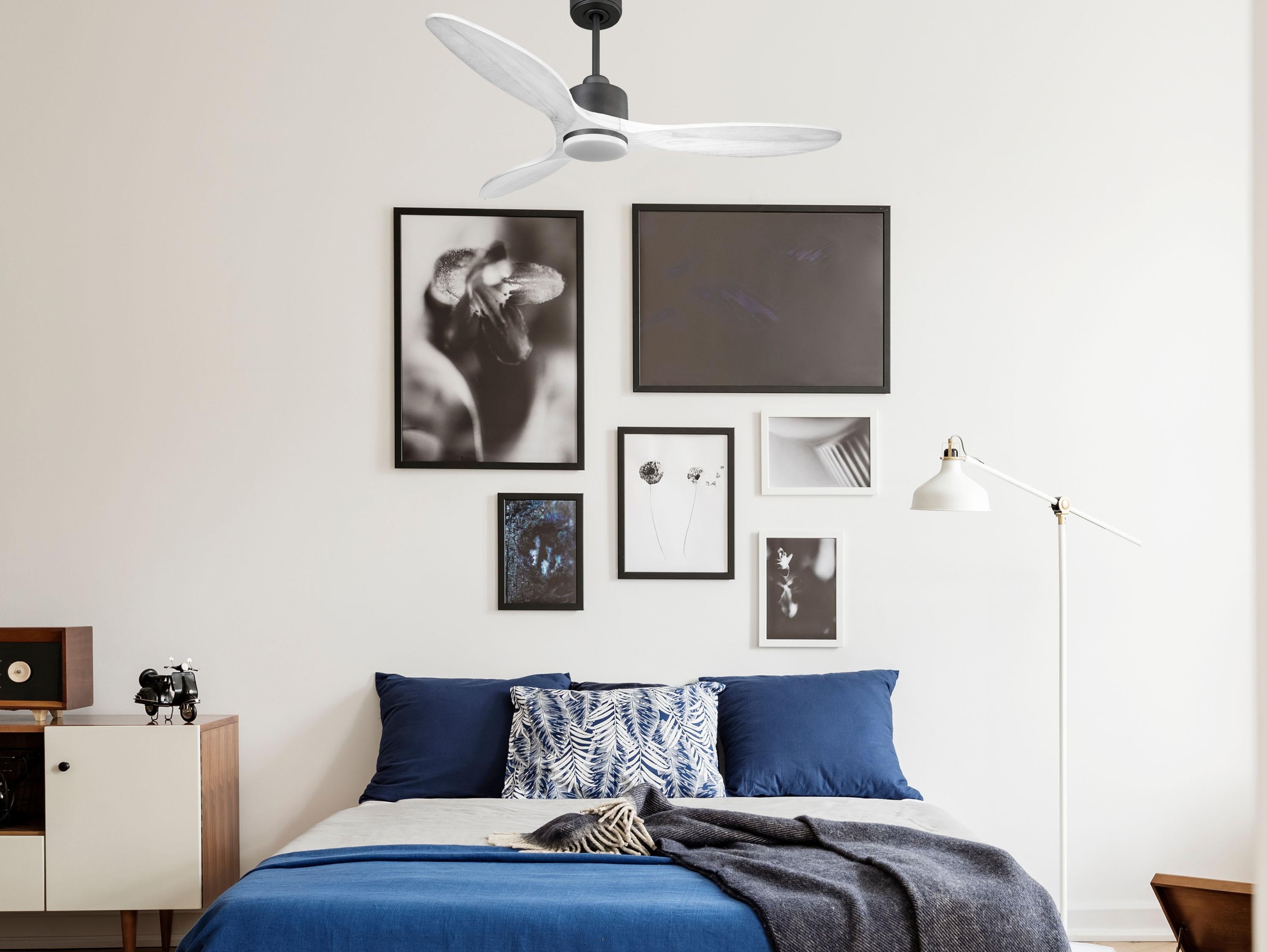 SantoriniD132C03LED65262: Ventilatore da soffitto Reversibile Termostato Dimmabile Wifi Motore CC Tetti inclinati Telecomando Luce a tre toni Hypersilence Memoria Shopify Vendible (AUTOMATICO)