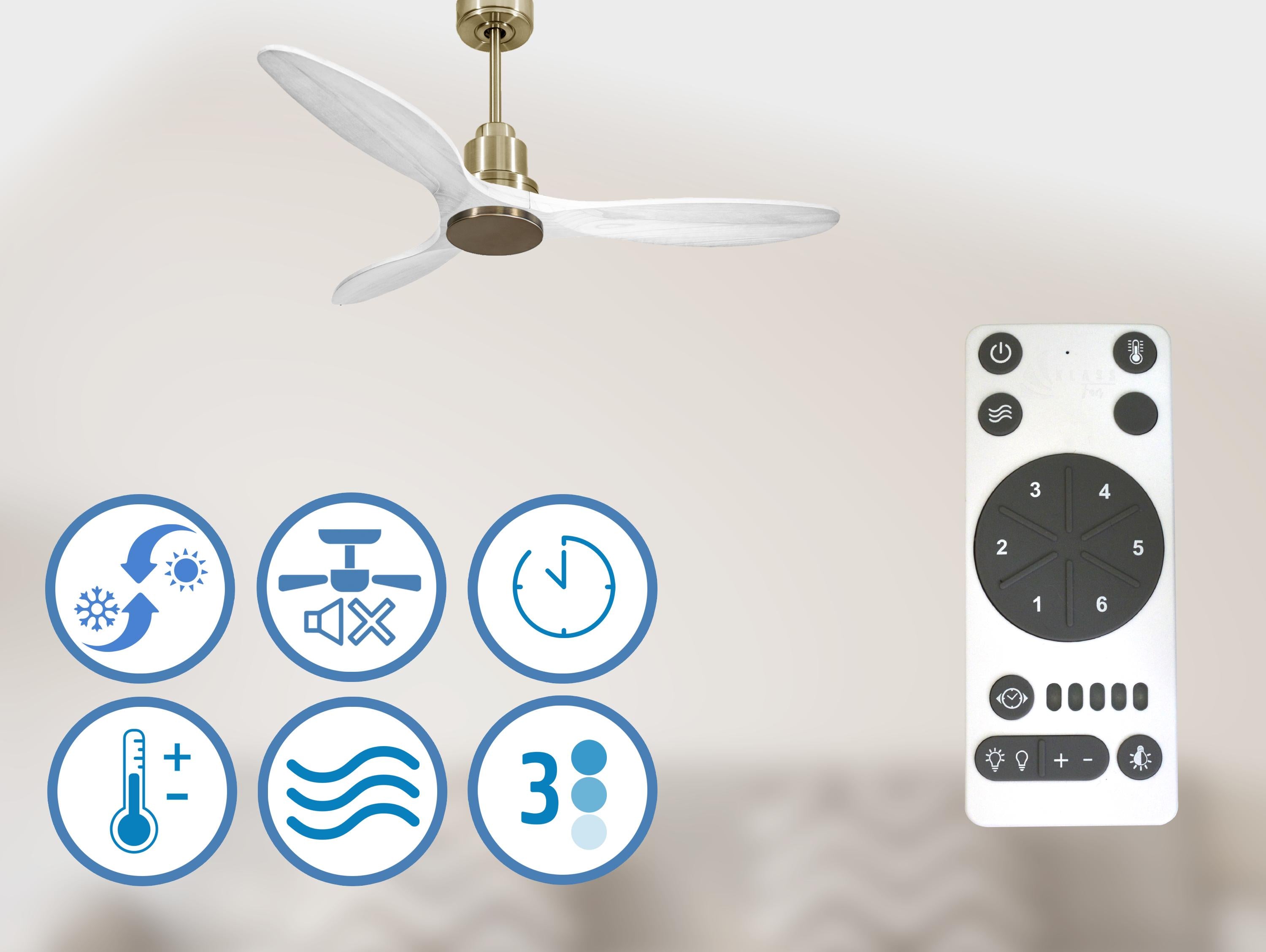 Ventilatore da soffitto Reversibile Termostato Wifi Motore CC Tetti inclinati Telecomando Hypersilence Memoria Shopify Vendible (AUTOMATICO)