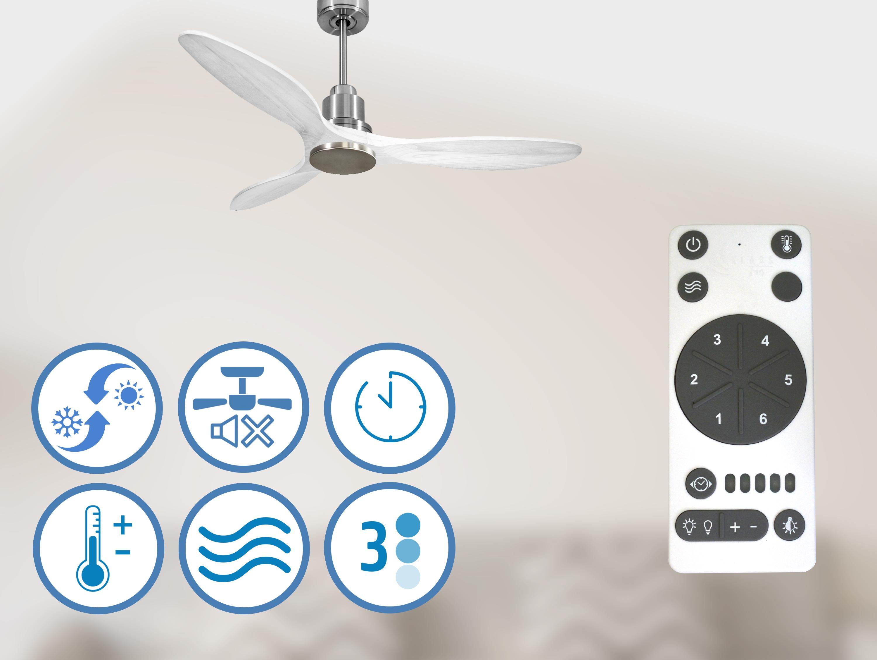 SantoriniD132C0466946: Ventilatore da soffitto Reversibile Termostato Wifi Motore CC Tetti inclinati Telecomando Hypersilence Memoria Shopify Vendible (AUTOMATICO)