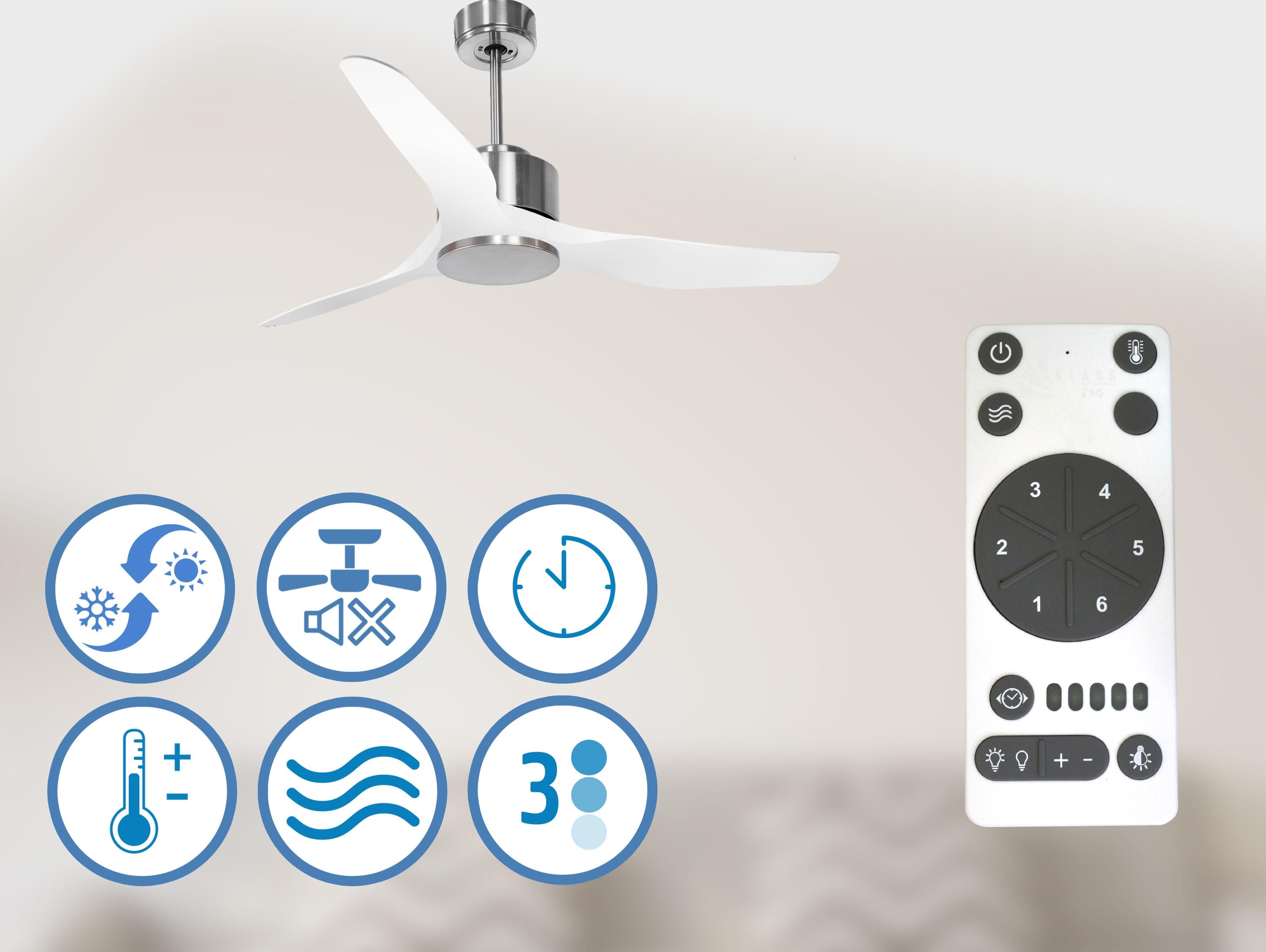 Ventilatore da soffitto Reversibile Termostato Wifi Motore CC Tetti inclinati Telecomando Adattatore 2/3 lame Hypersilence Memoria