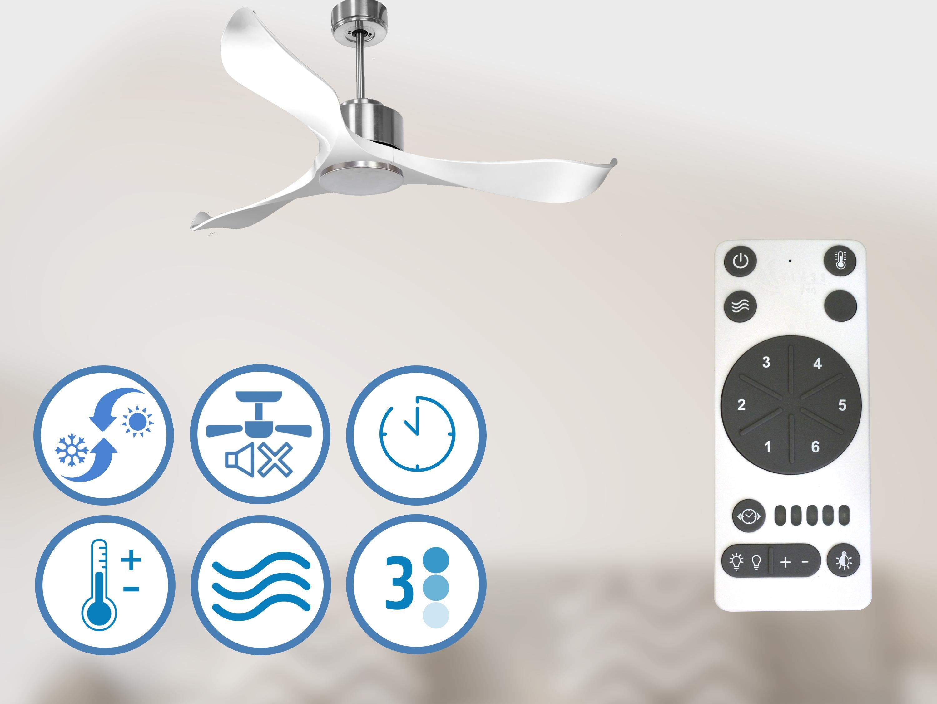   Ventilatore da soffitto Reversibile Termostato Wifi Motore CC Tetti inclinati Telecomando Adattatore 2/3 lame Hypersilence Memoria Shopify Vendible (AUTOMATICO)