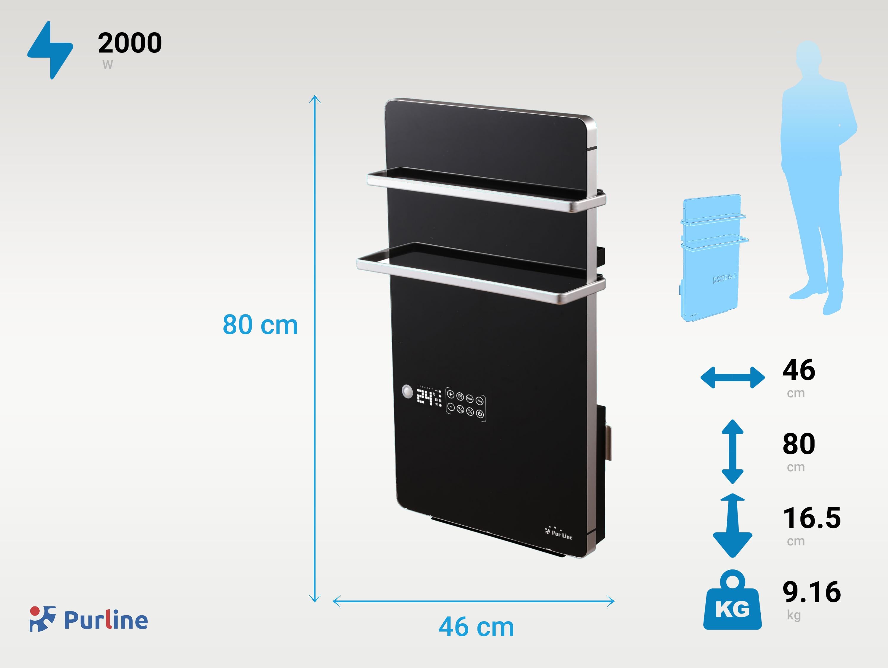 Scaldasalviette elettrico digitale da 2000W in nero con controllo WIFI
