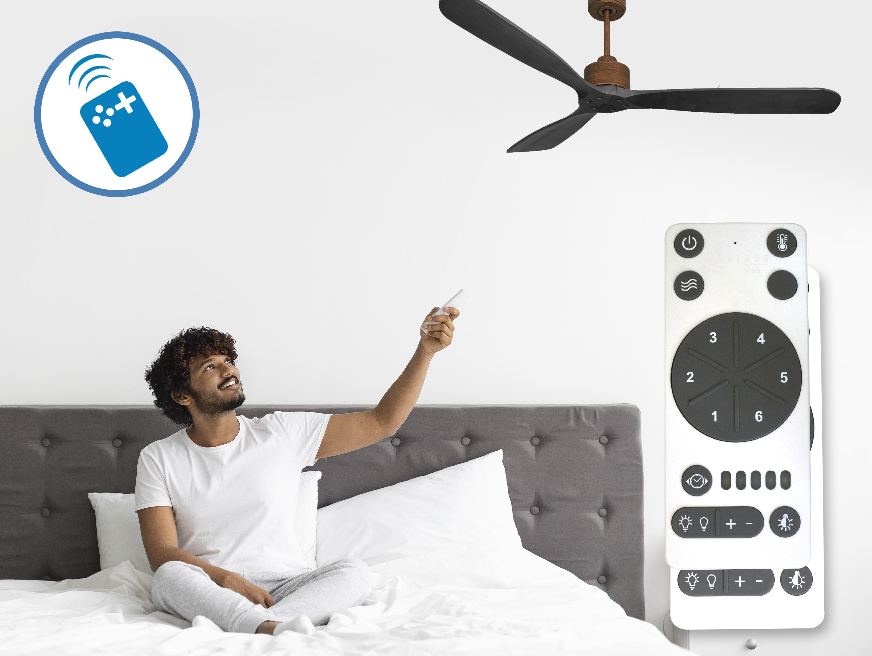 Ventilatore da soffitto Reversibile Termostato Wifi Motore CC Tetti inclinati Telecomando Hypersilence Memoria FullWood