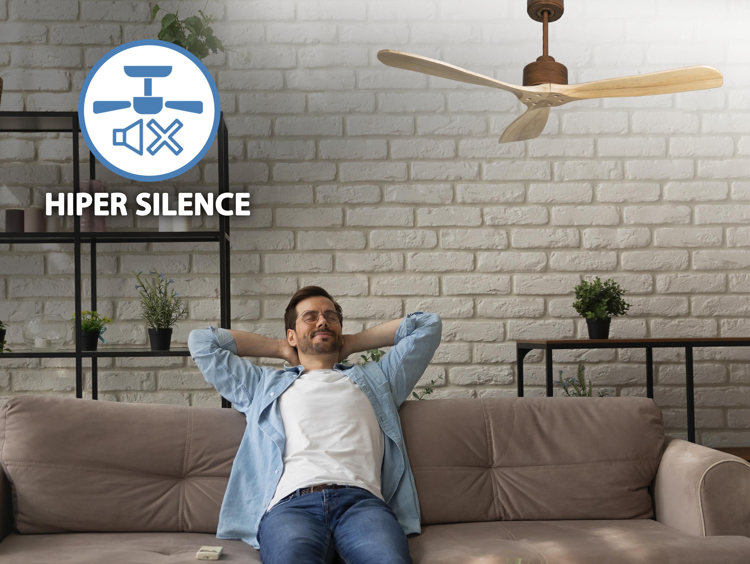 Ventilatore da soffitto Reversibile Termostato Wifi Motore CC Tetti inclinati Telecomando Hypersilence Memoria FullWood