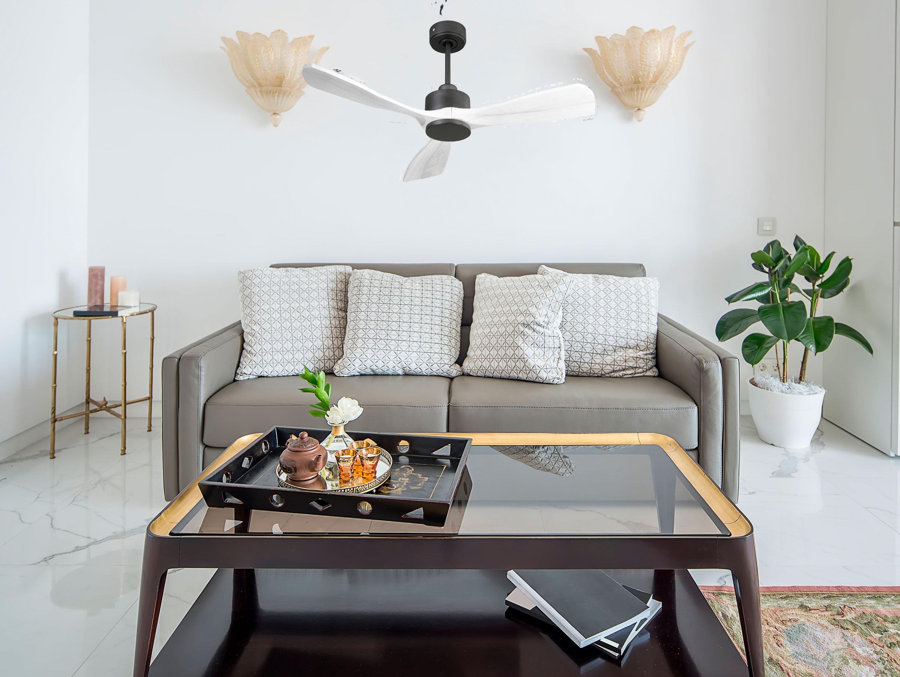 Ventilatore da soffitto Reversibile Termostato Wifi Motore CC Tetti inclinati Telecomando Hypersilence Memoria FullWood Shopify Vendible (AUTOMATICO)