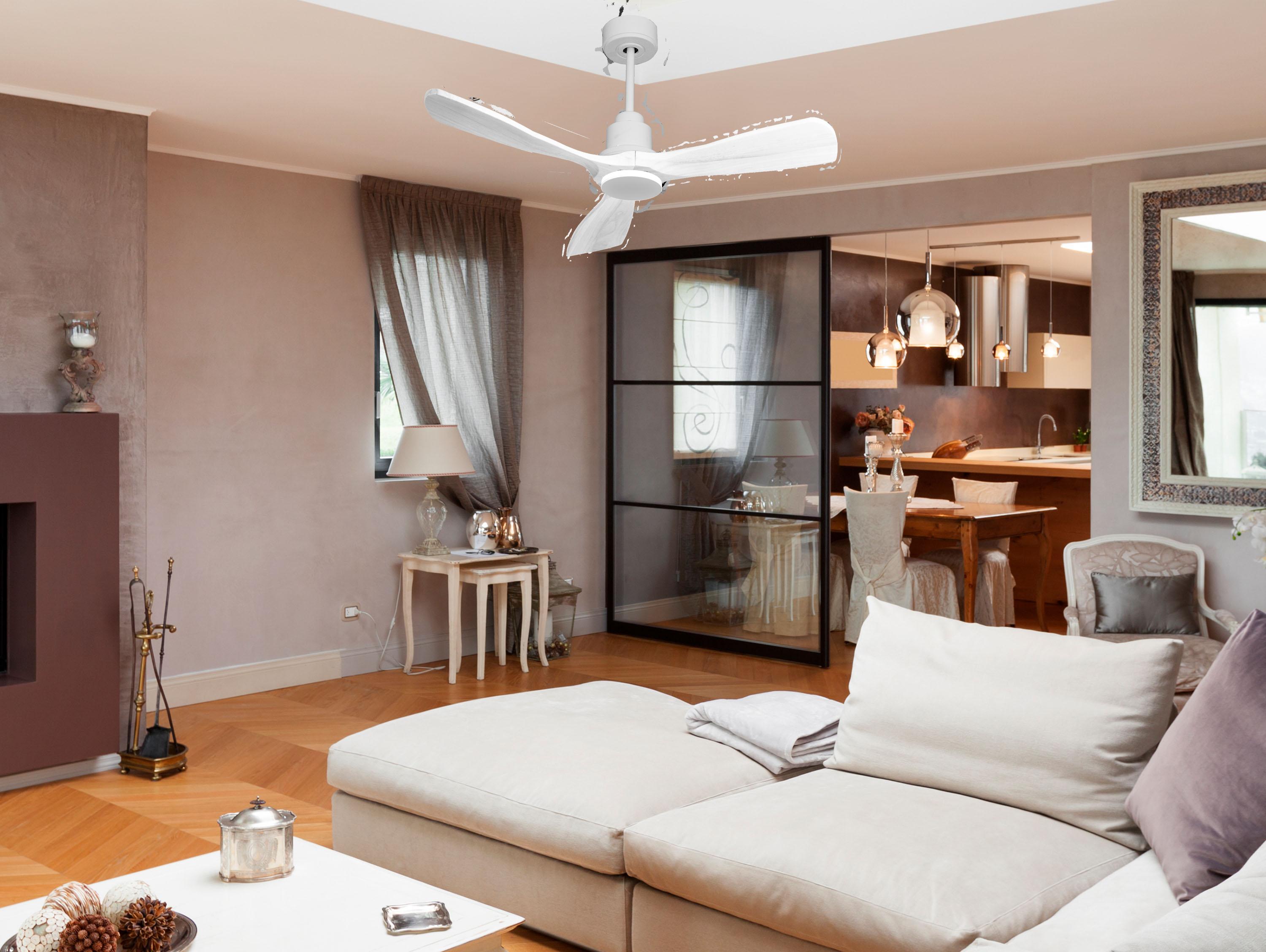 Ventilatore da soffitto Reversibile Termostato Wifi Motore CC Tetti inclinati Telecomando Hypersilence Memoria FullWood Shopify Vendible (AUTOMATICO)