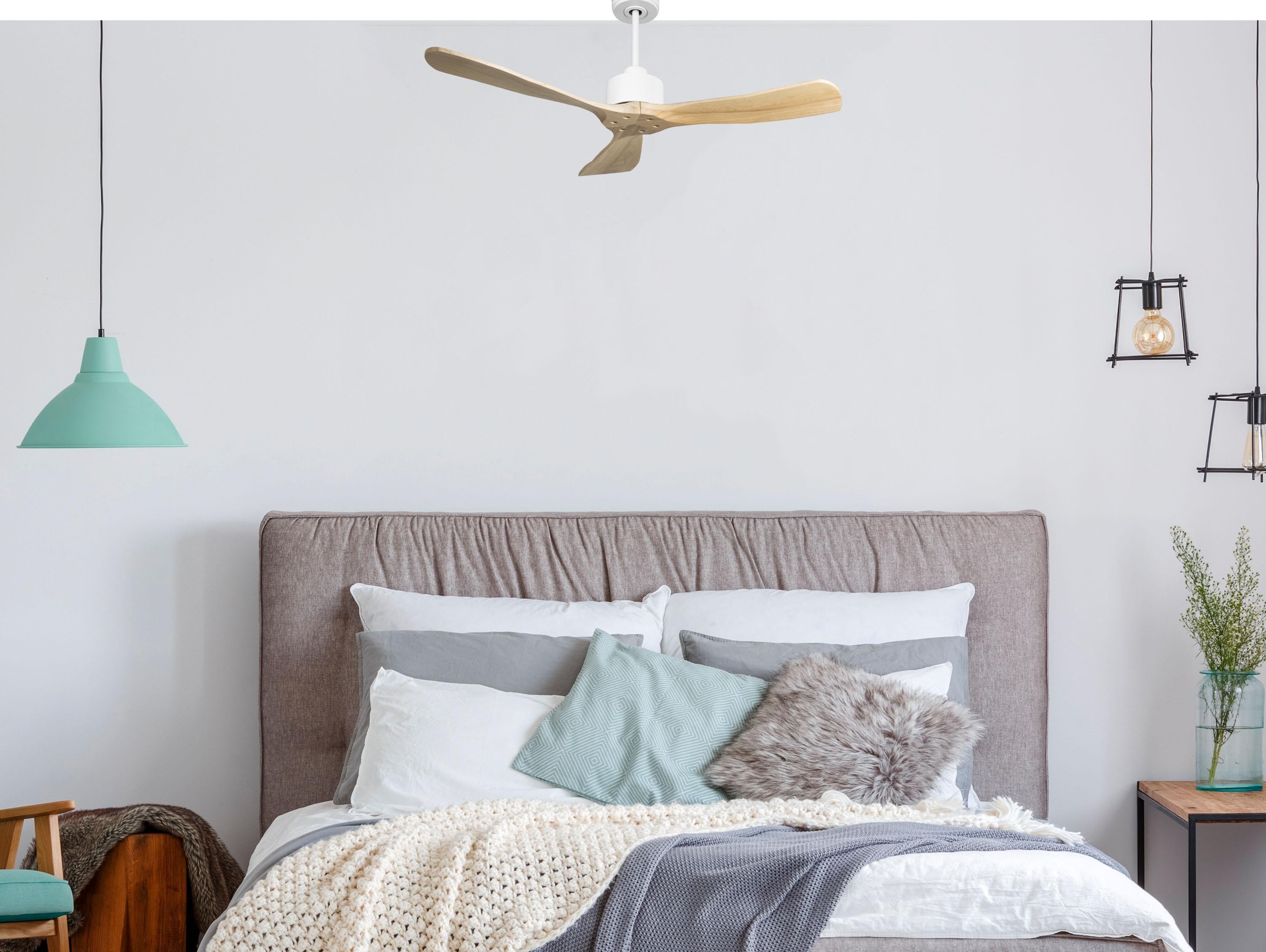 Ventilatore da soffitto Reversibile Termostato Wifi Motore CC Tetti inclinati Telecomando Hypersilence Memoria FullWood