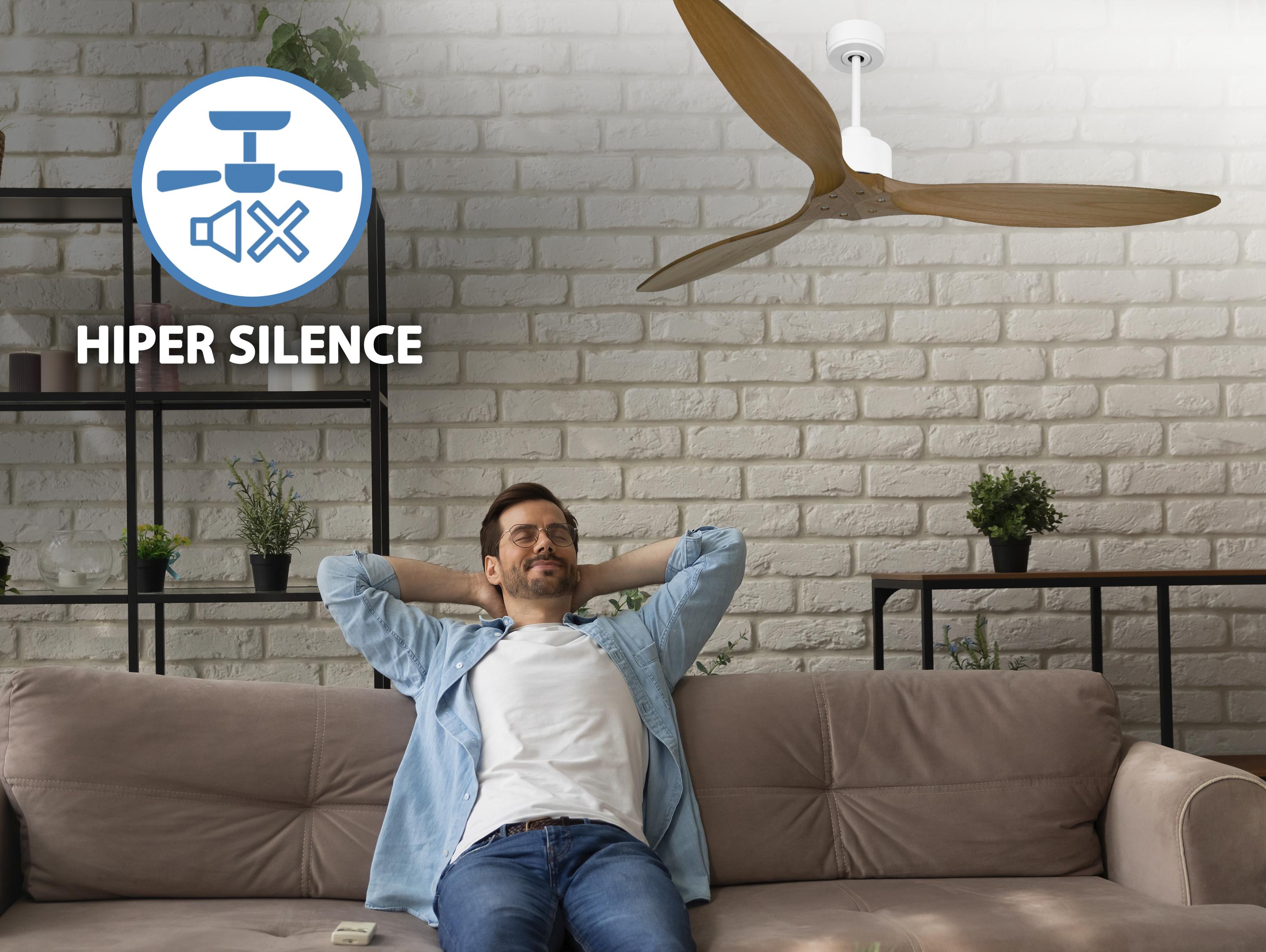 Ventilatore da soffitto Reversibile Termostato Wifi Motore CC Tetti inclinati Telecomando Hypersilence Memoria FullWood