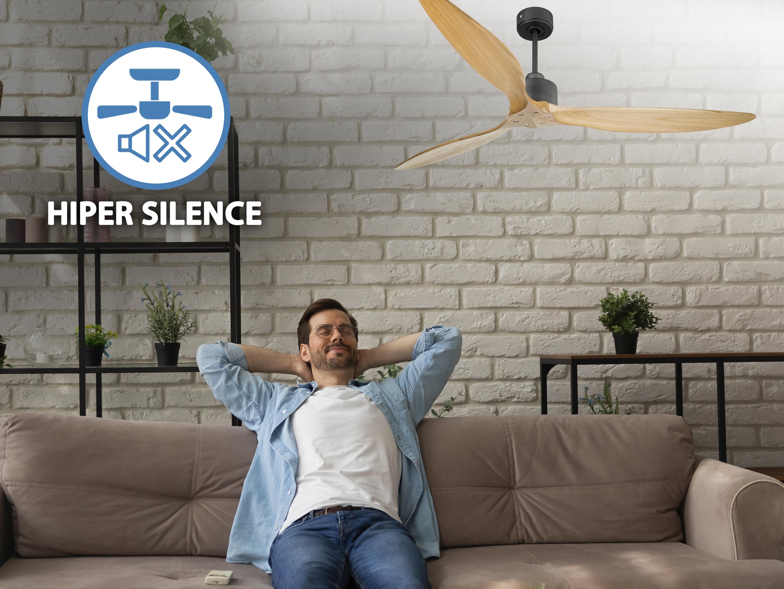 Ventilatore da soffitto Reversibile Termostato Wifi Motore CC Tetti inclinati Telecomando Hypersilence Memoria FullWood