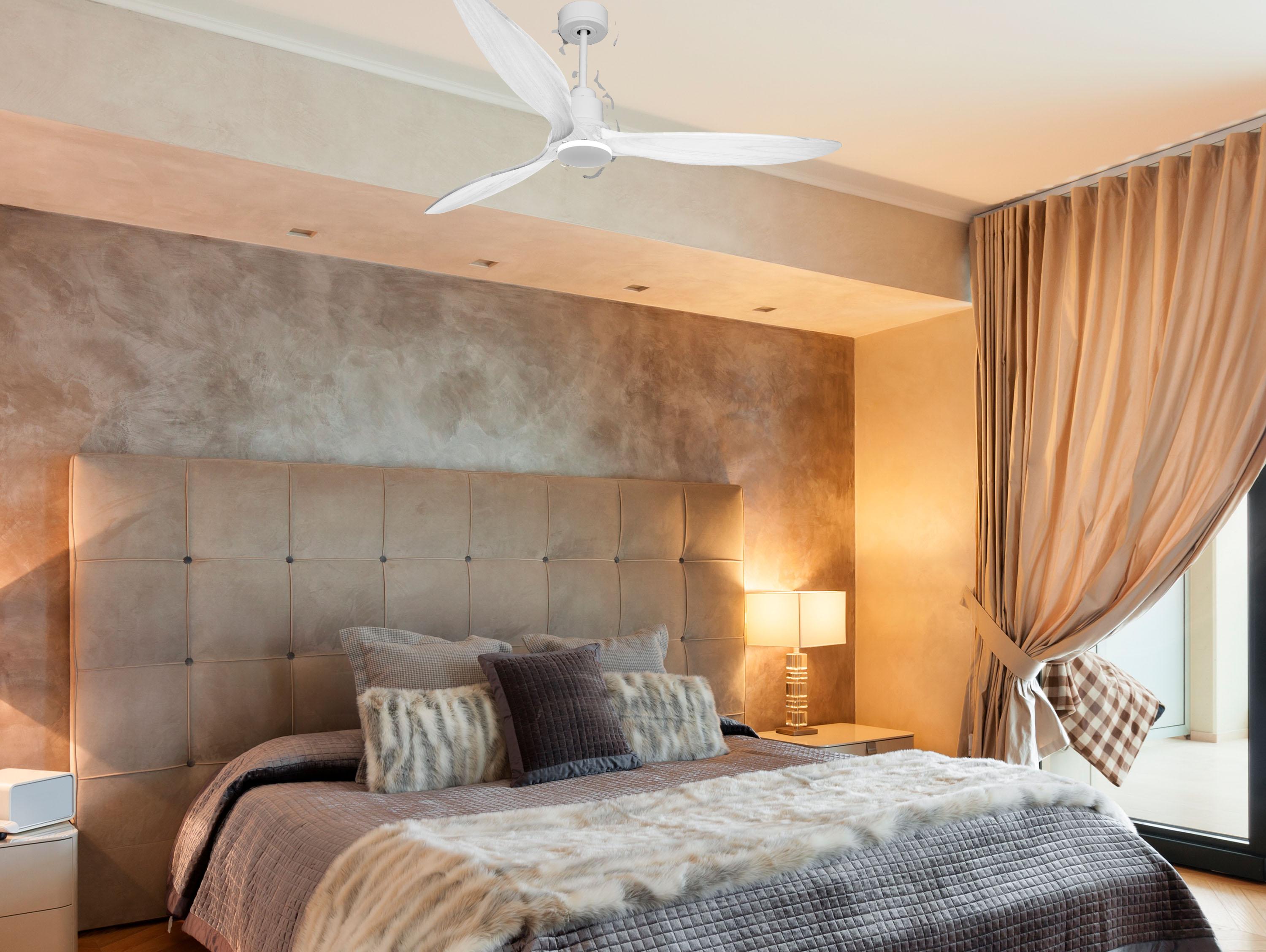 Ventilatore da soffitto Reversibile Termostato Wifi Motore CC Tetti inclinati Telecomando Hypersilence Memoria FullWood Shopify Vendible (AUTOMATICO)