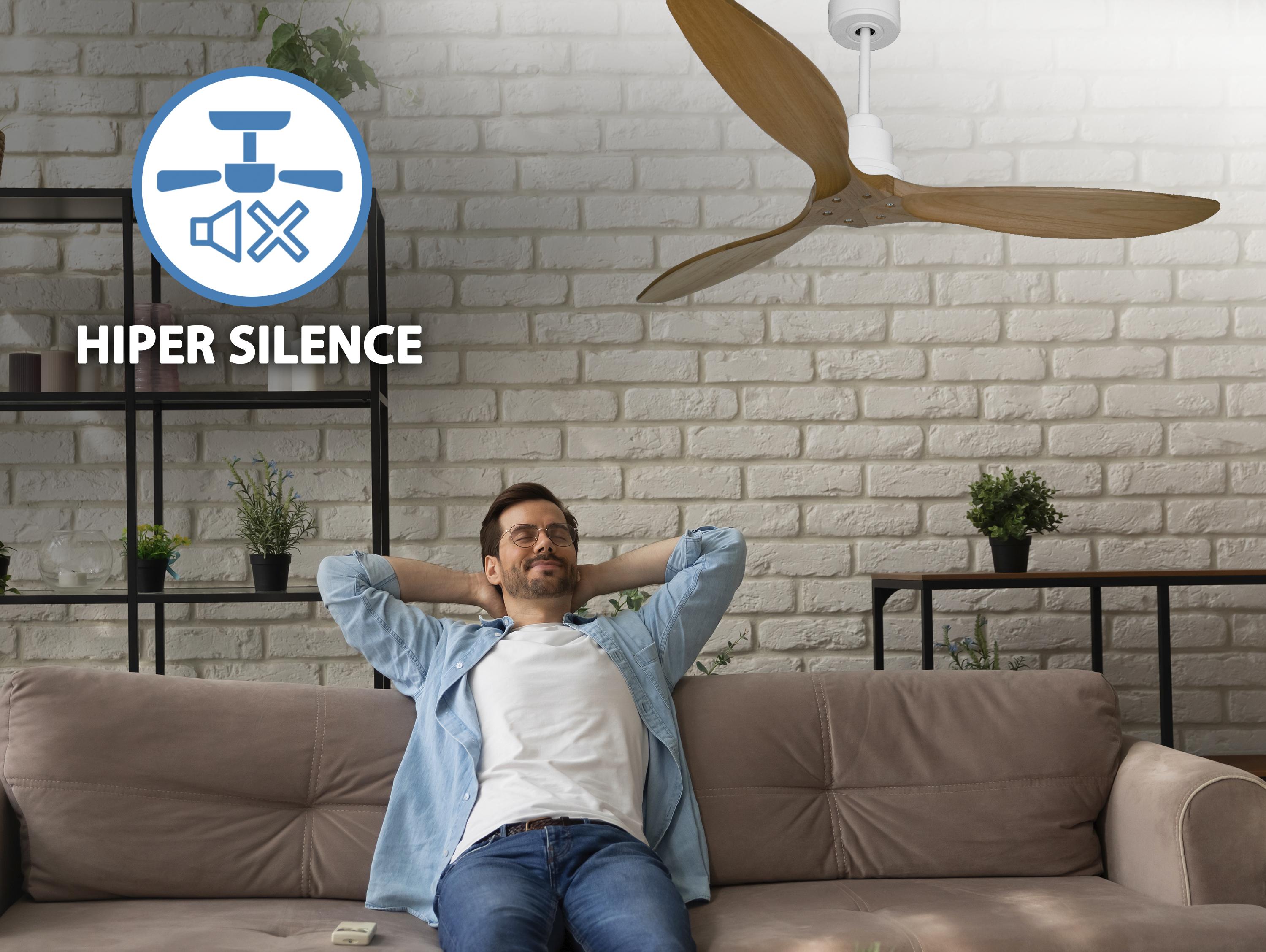 Ventilatore da soffitto Reversibile Termostato Wifi Motore CC Tetti inclinati Telecomando Hypersilence Memoria FullWood Shopify Vendible (AUTOMATICO)