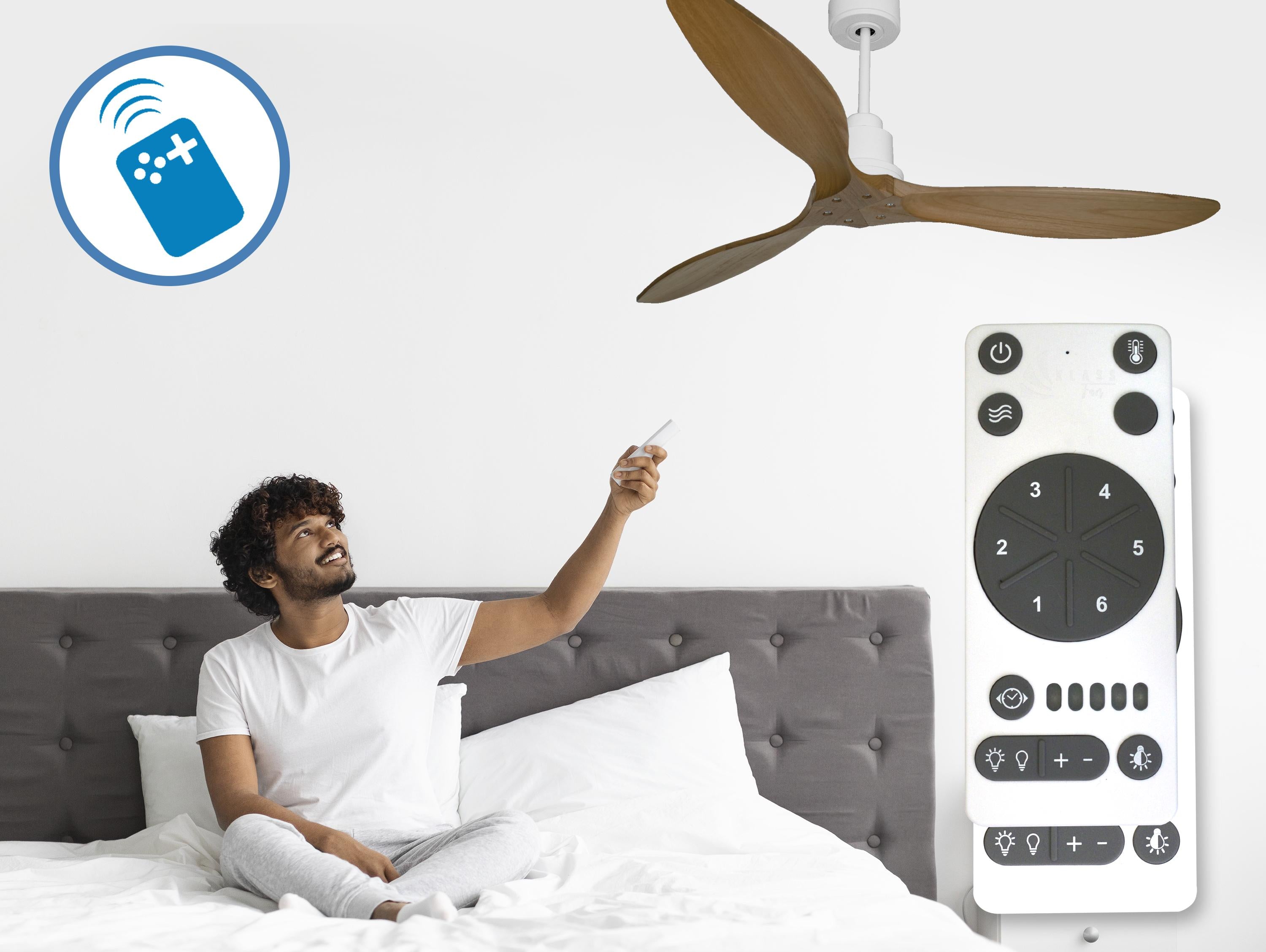 Ventilatore da soffitto Reversibile Termostato Wifi Motore CC Tetti inclinati Telecomando Hypersilence Memoria FullWood Shopify Vendible (AUTOMATICO)