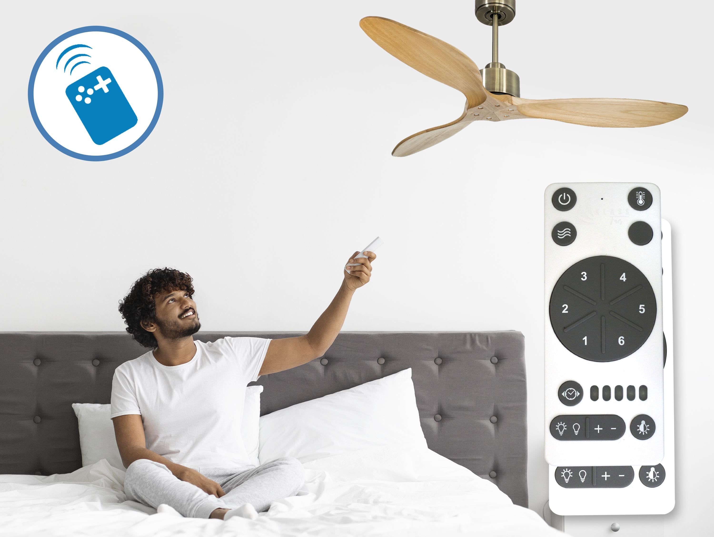 Ventilatore da soffitto Reversibile Termostato Wifi Motore CC Tetti inclinati Telecomando Hypersilence Memoria FullWood Shopify Vendible (AUTOMATICO)