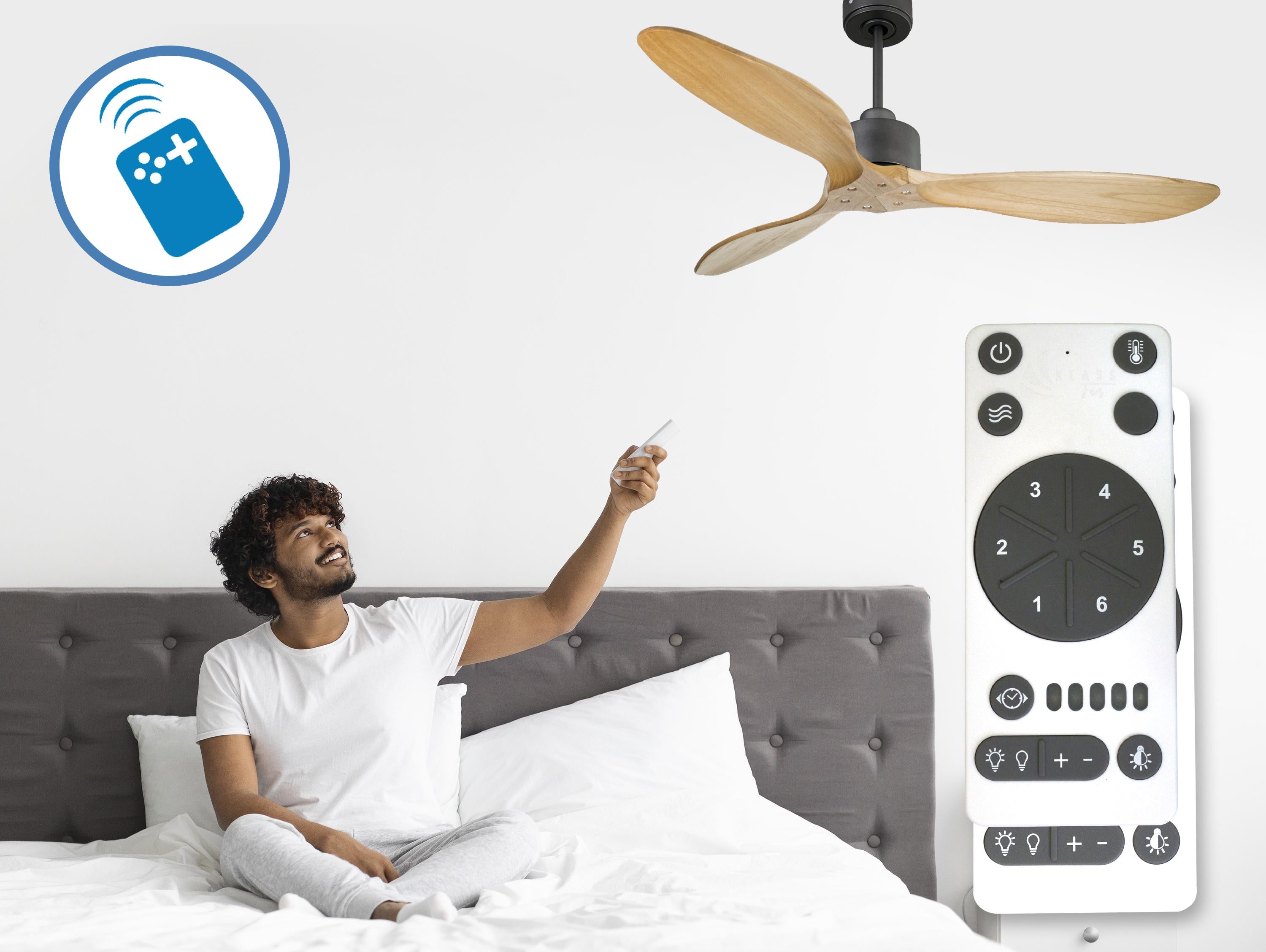 Ventilatore da soffitto Reversibile Termostato Wifi Motore CC Tetti inclinati Telecomando Hypersilence Memoria FullWood Shopify Vendible (AUTOMATICO)