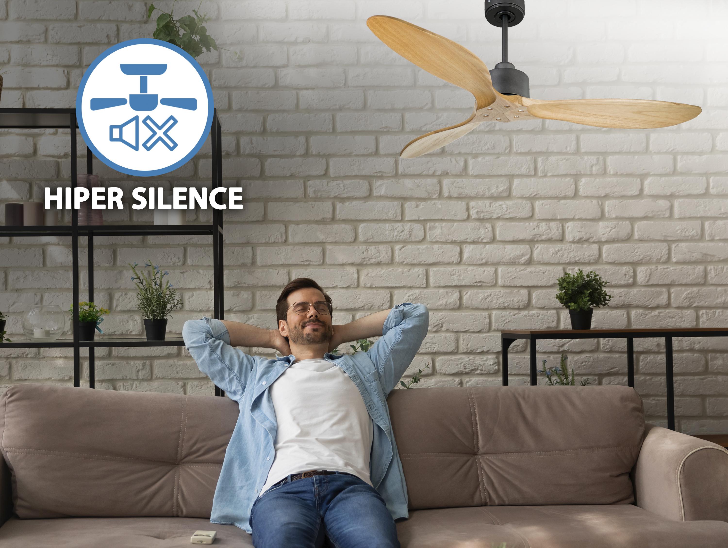 Ventilatore da soffitto Reversibile Termostato Wifi Motore CC Tetti inclinati Telecomando Hypersilence Memoria FullWood Shopify Vendible (AUTOMATICO)
