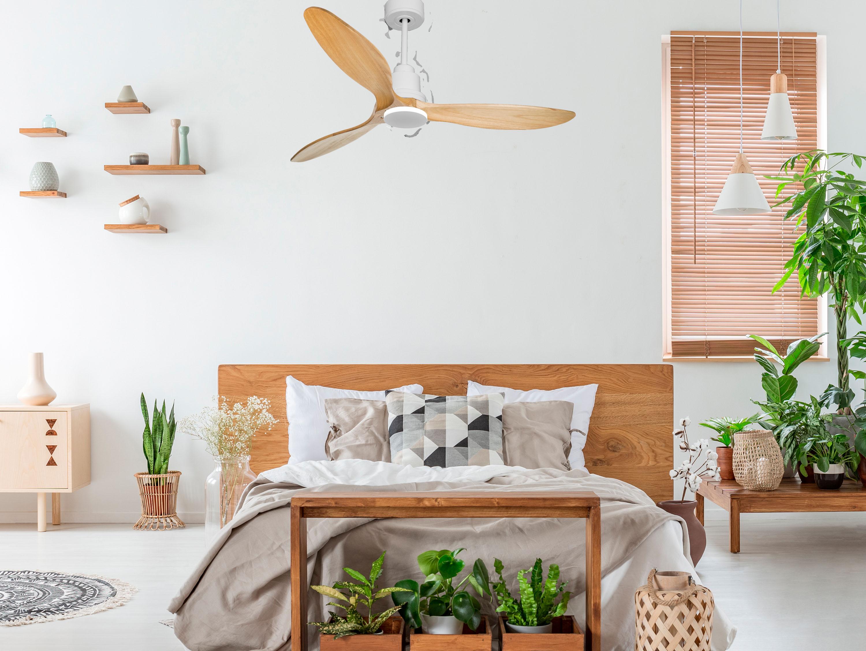 Ventilatore da soffitto Reversibile Termostato Wifi Motore CC Tetti inclinati Telecomando Hypersilence Memoria FullWood Shopify Vendible (AUTOMATICO)