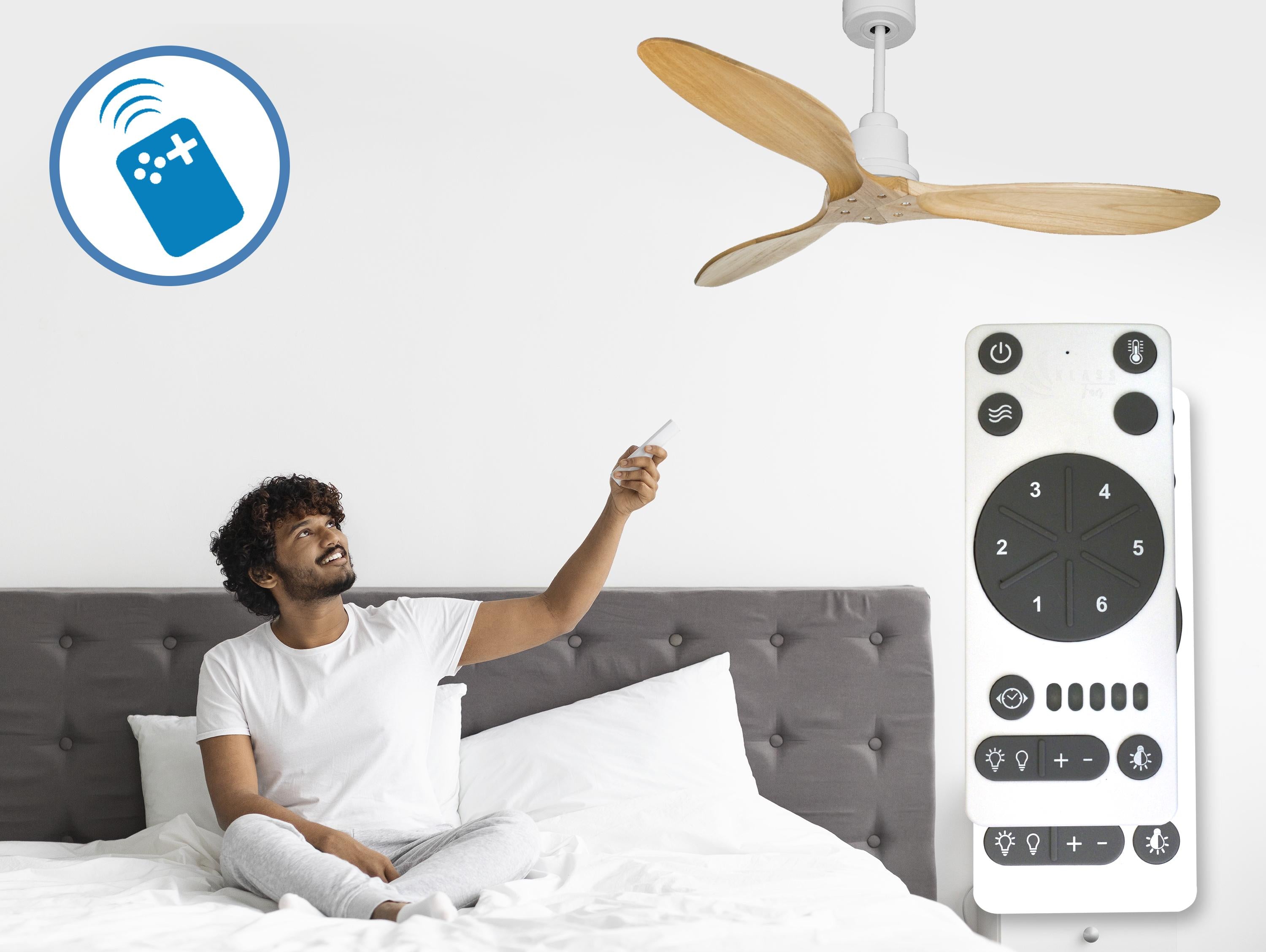 Ventilatore da soffitto Reversibile Termostato Wifi Motore CC Tetti inclinati Telecomando Hypersilence Memoria FullWood Shopify Vendible (AUTOMATICO)