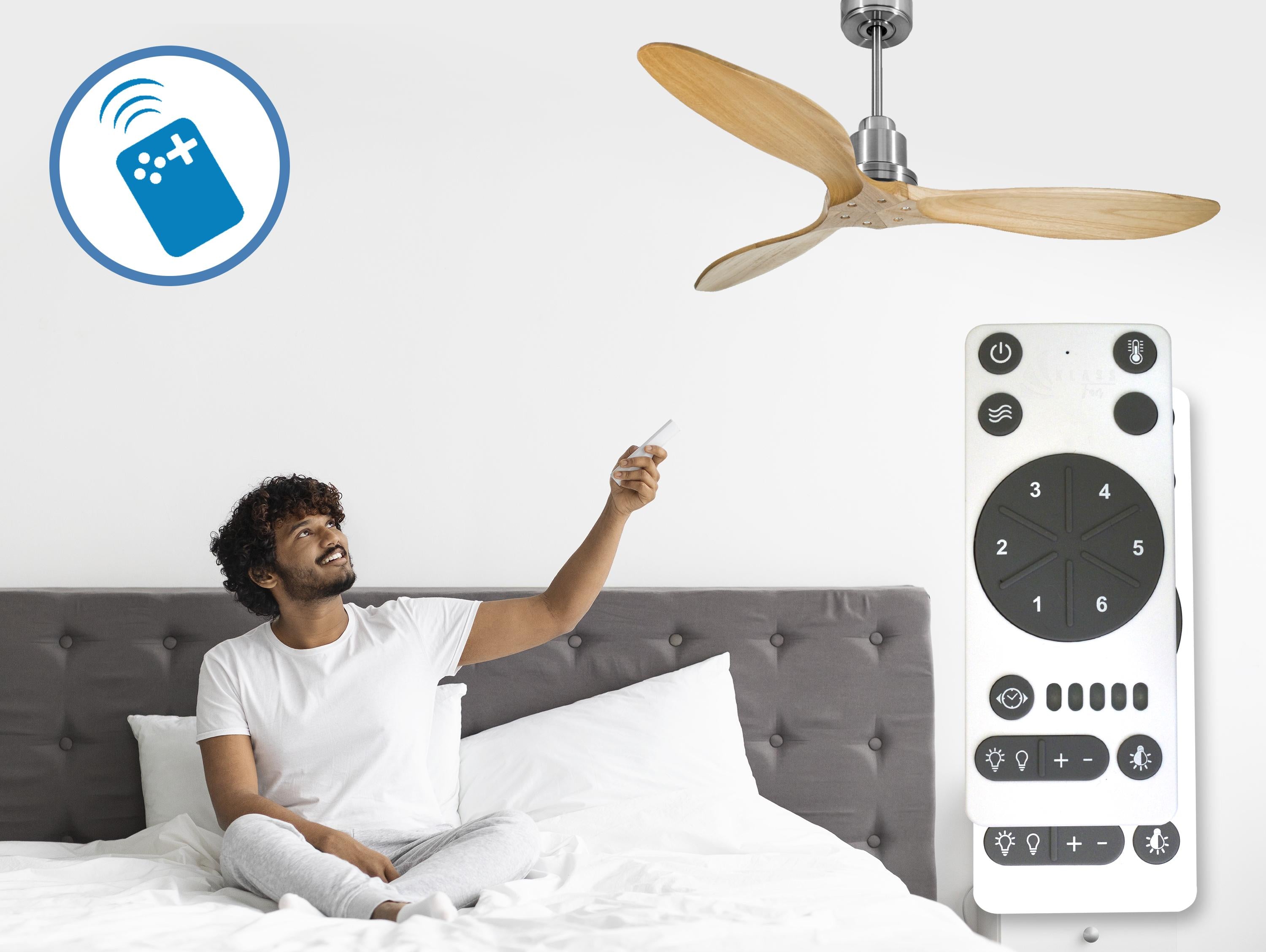 Ventilatore da soffitto Reversibile Termostato Wifi Motore CC Tetti inclinati Telecomando Hypersilence Memoria FullWood Shopify Vendible (AUTOMATICO)