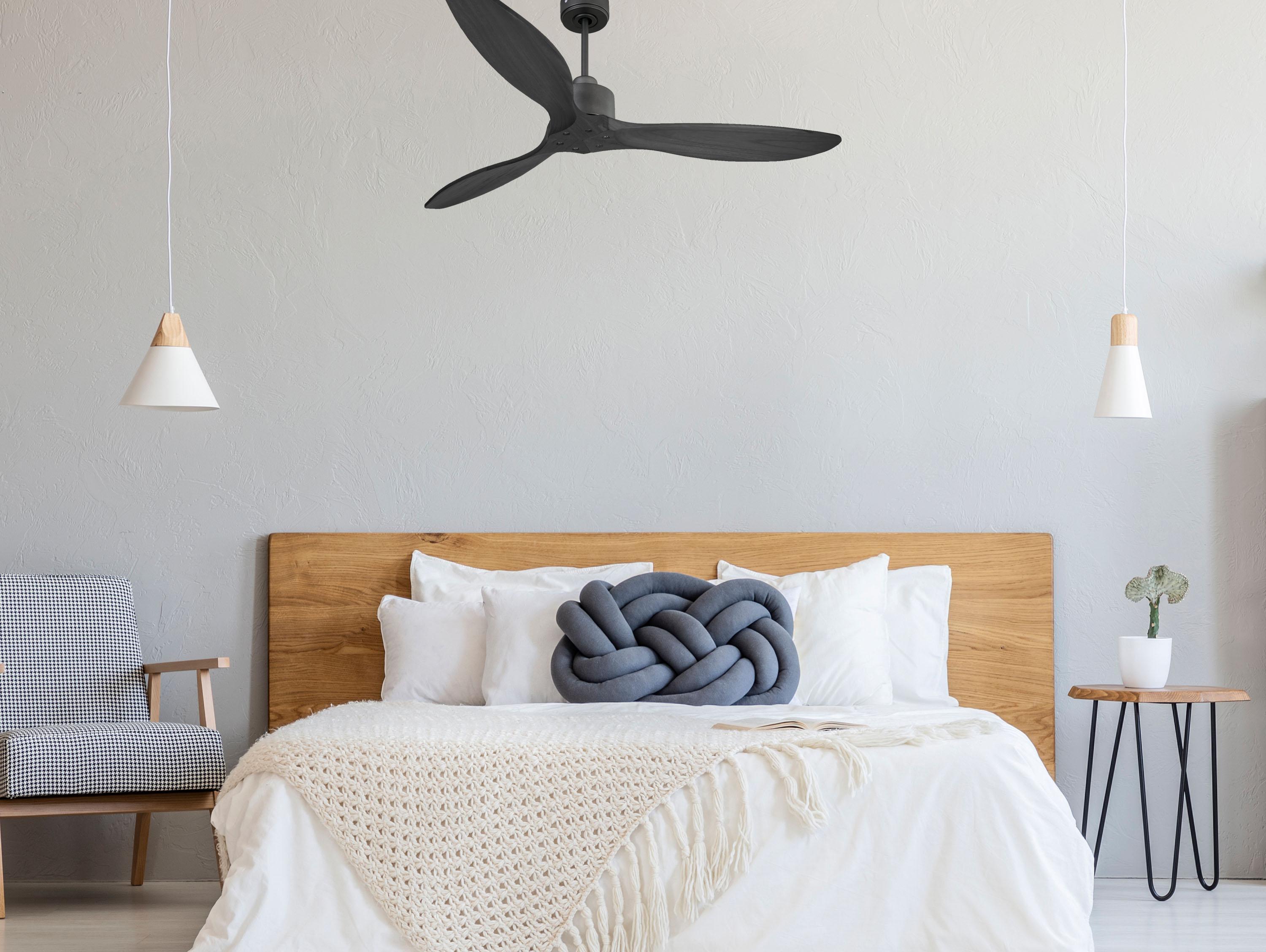 Ventilatore da soffitto Reversibile Termostato Wifi Motore CC Tetti inclinati Telecomando Hypersilence Memoria FullWood