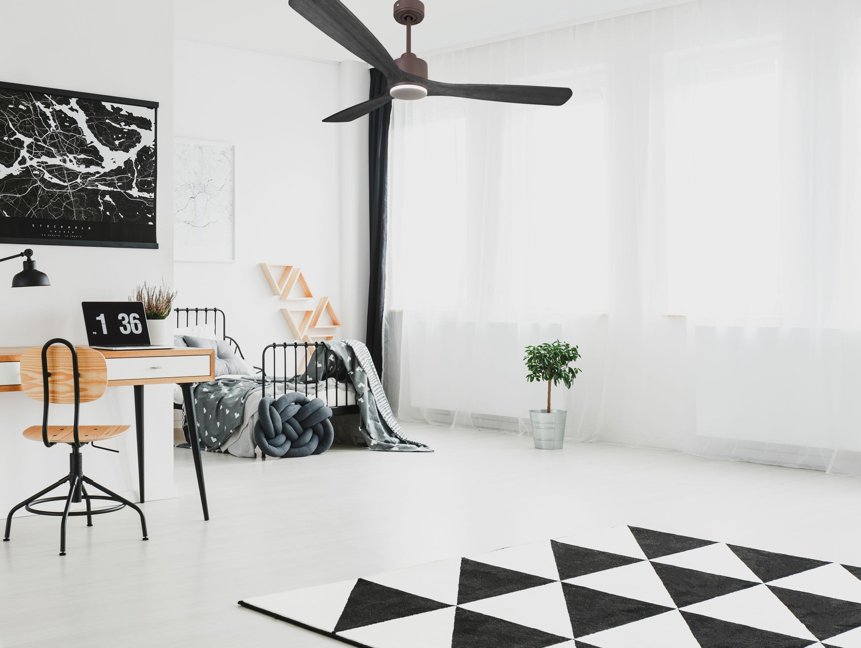 Ventilatore da soffitto Reversibile Termostato Dimmabile Wifi Motore CC Tetti inclinati Telecomando Luce a tre toni Hypersilence Memoria