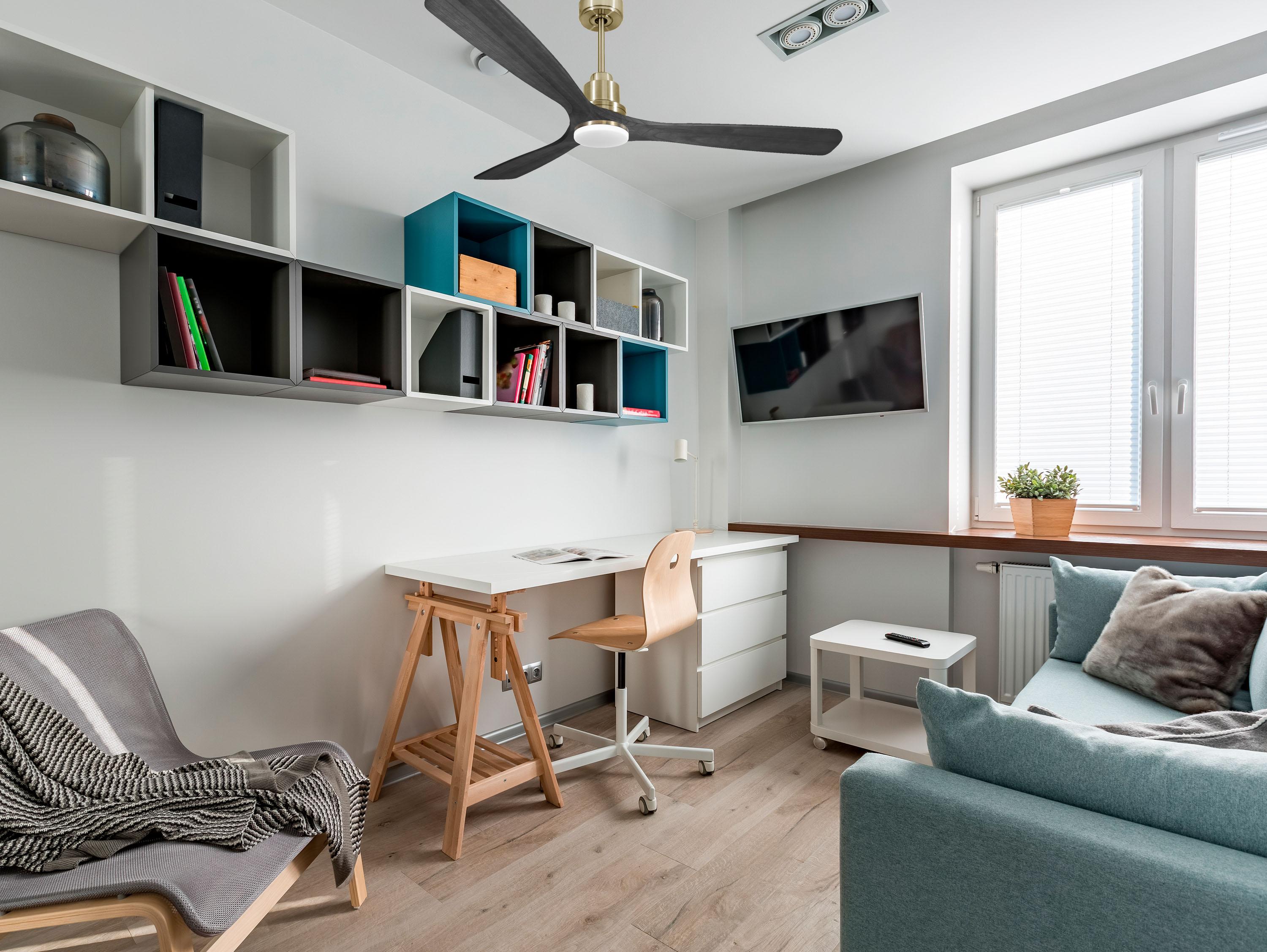 Ventilatore da soffitto Reversibile Termostato Dimmabile Wifi Motore CC Tetti inclinati Telecomando Luce a tre toni Hypersilence Memoria
