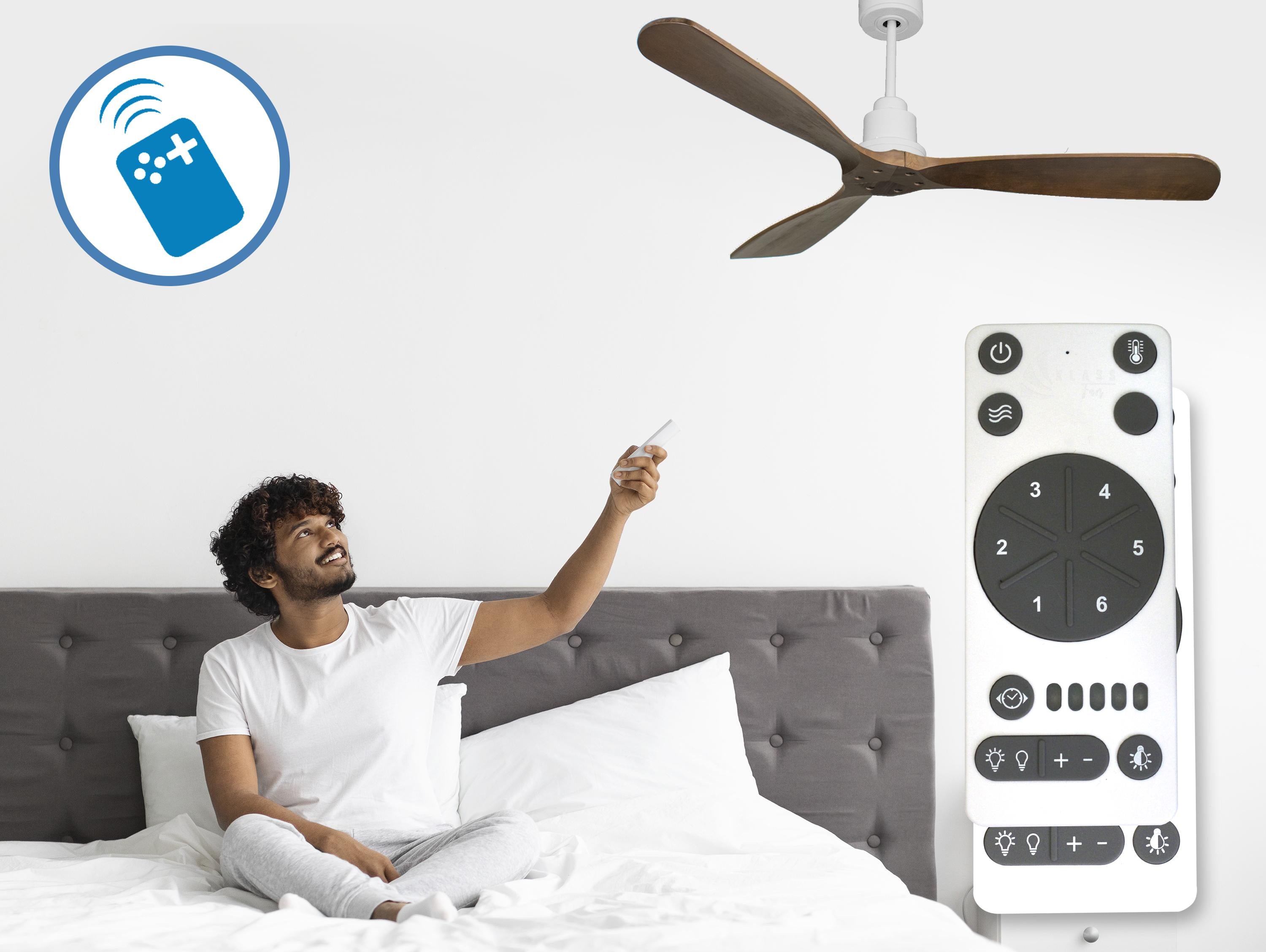 Ventilatore da soffitto Reversibile Termostato Wifi Motore CC Tetti inclinati Telecomando Hypersilence Memoria FullWood Shopify Vendible (AUTOMATICO)