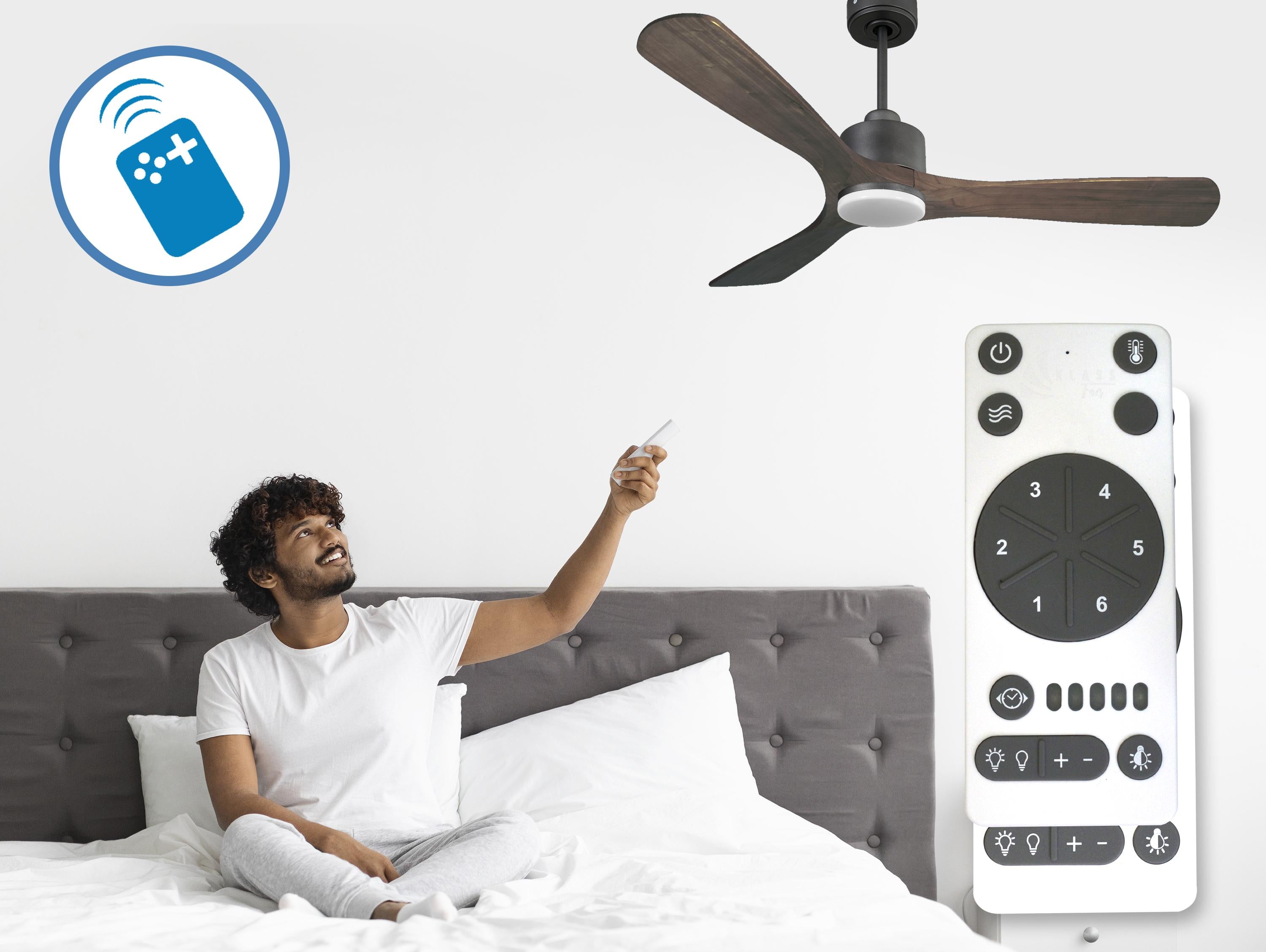 Ventilatore da soffitto Reversibile Termostato Dimmabile Wifi Motore CC Tetti inclinati Telecomando Luce a tre toni Hypersilence Memoria