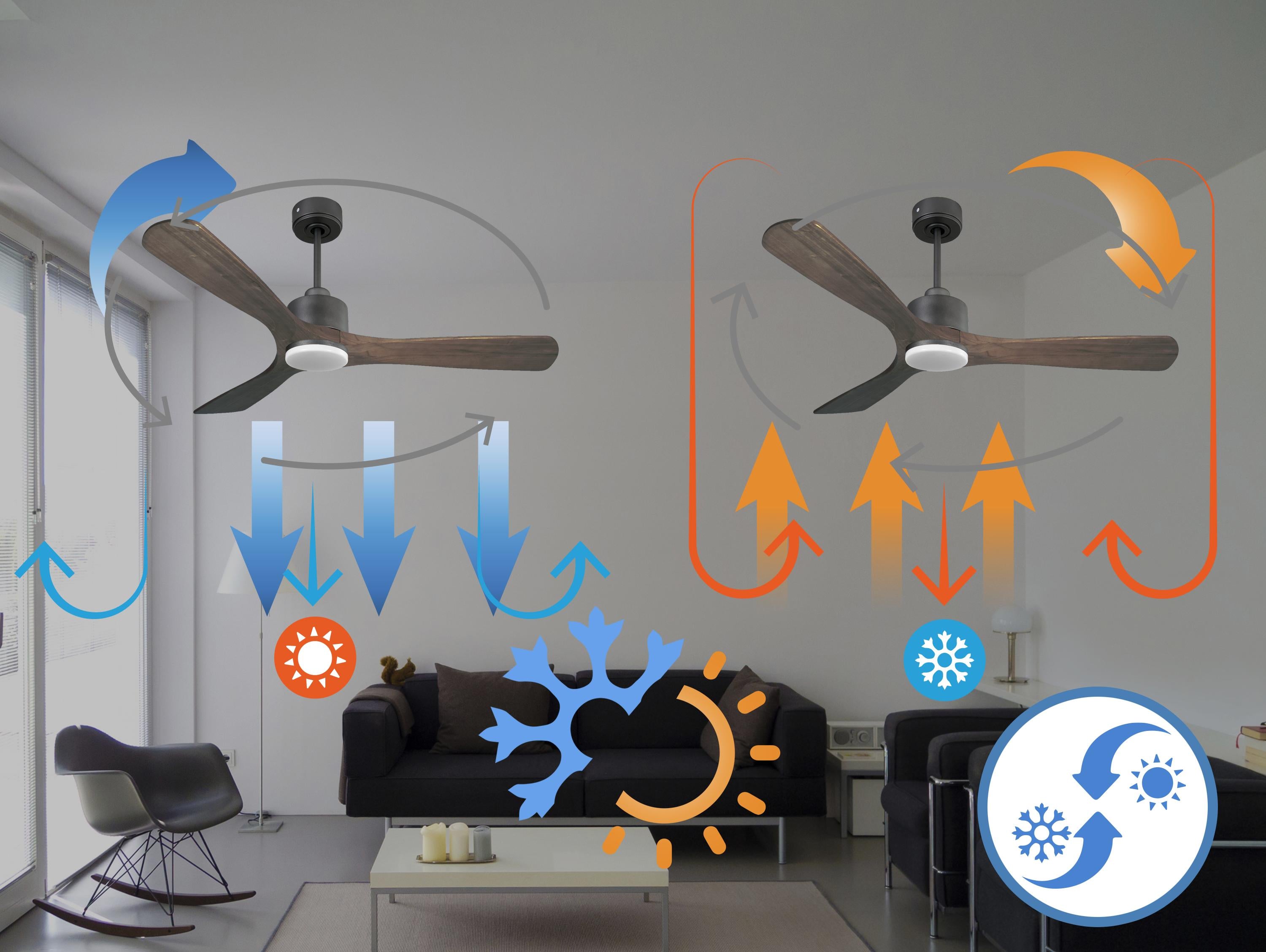 Ventilatore da soffitto Reversibile Termostato Dimmabile Wifi Motore CC Tetti inclinati Telecomando Luce a tre toni Hypersilence Memoria