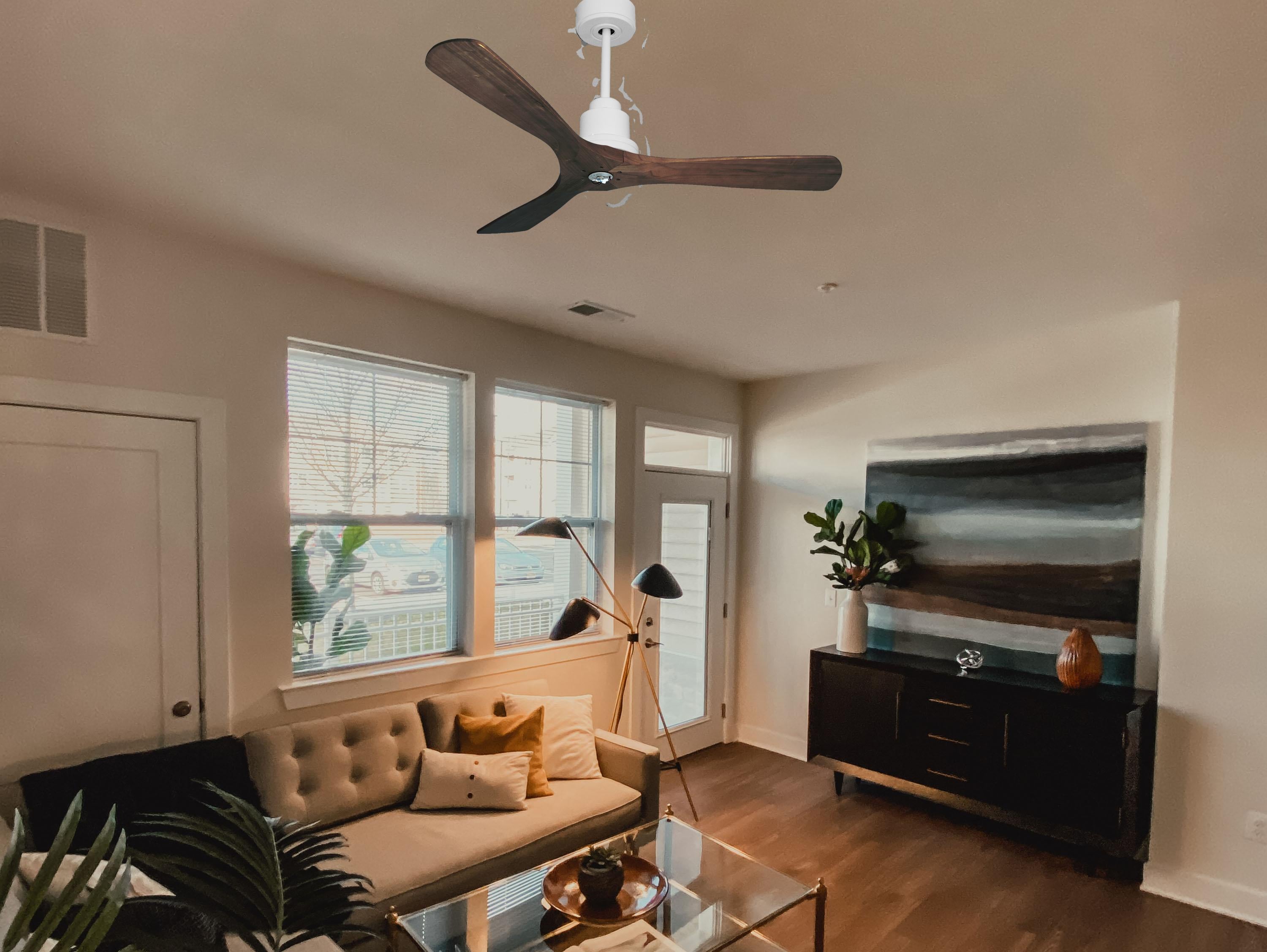 Ventilatore da soffitto Reversibile Termostato Dimmabile Wifi Motore CC Tetti inclinati Telecomando Luce a tre toni Hypersilence Memoria
