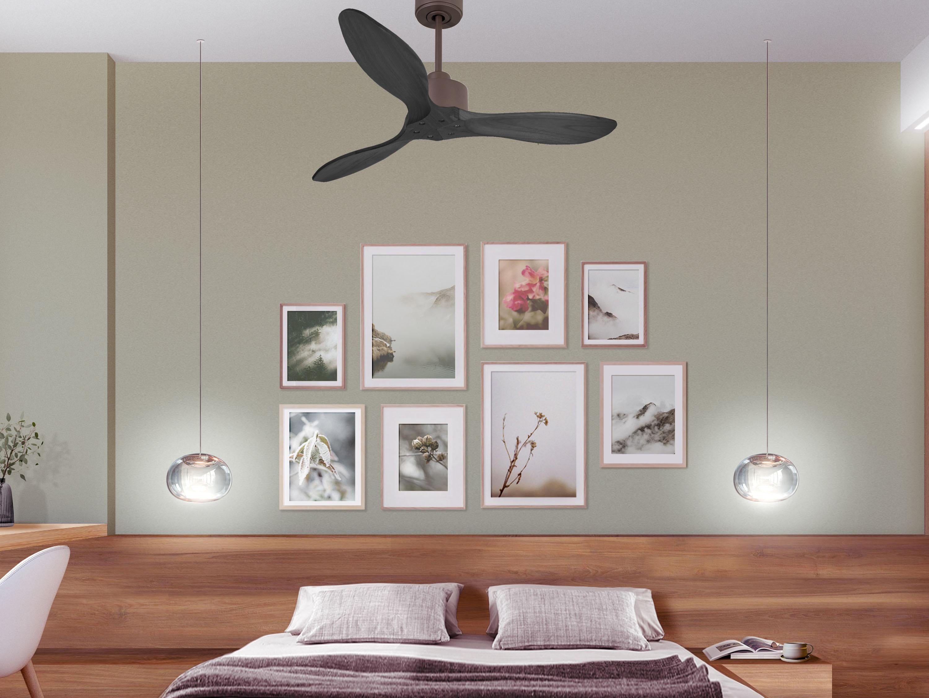Ventilatore da soffitto Reversibile Termostato Wifi Motore CC Tetti inclinati Telecomando Hypersilence Memoria FullWood