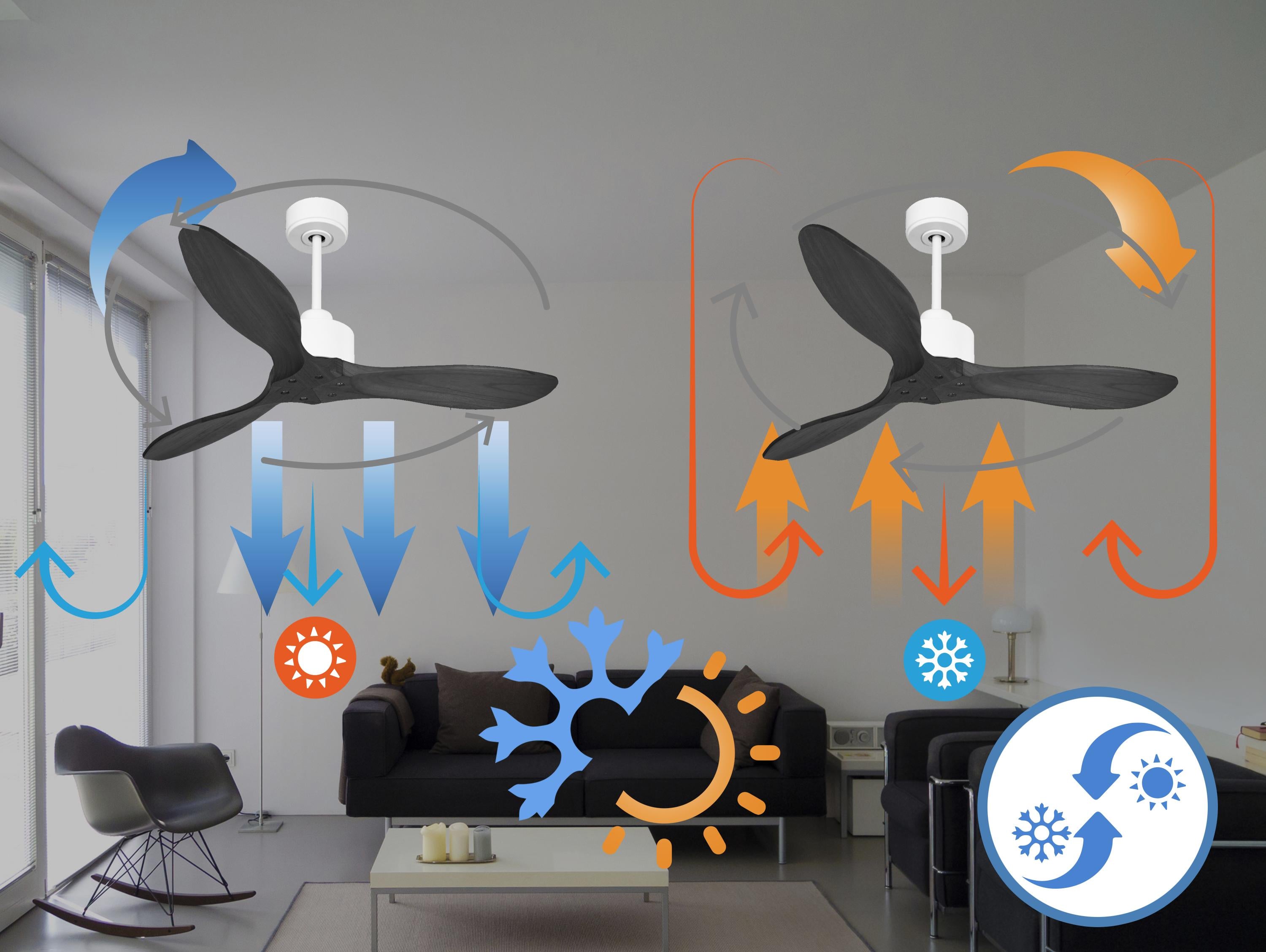Ventilatore da soffitto Reversibile Termostato Wifi Motore CC Tetti inclinati Telecomando Hypersilence Memoria FullWood