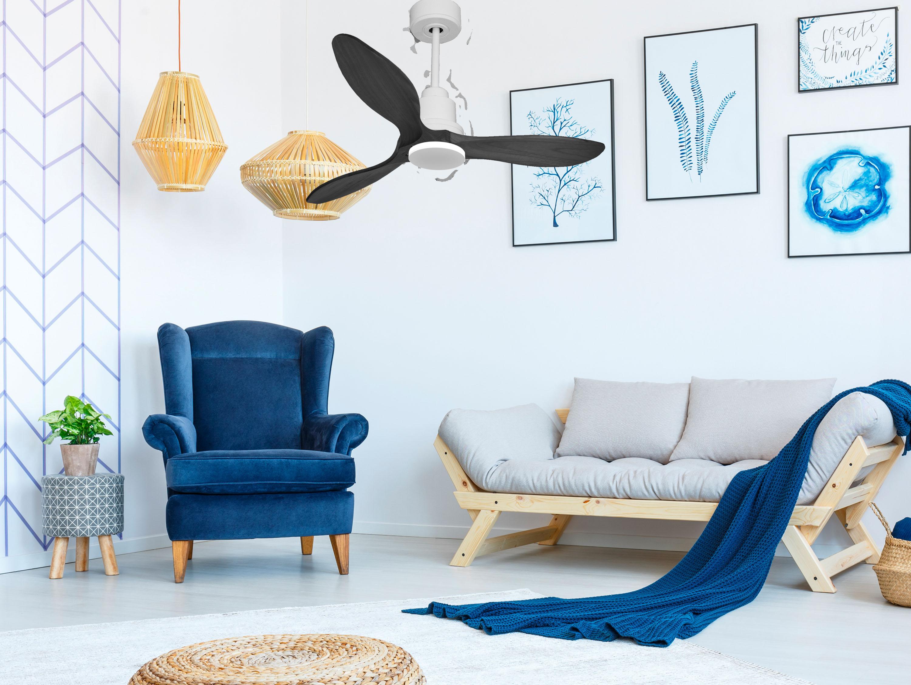 Ventilatore da soffitto Reversibile Termostato Wifi Motore CC Tetti inclinati Telecomando Hypersilence Memoria FullWood Shopify Vendible (AUTOMATICO)