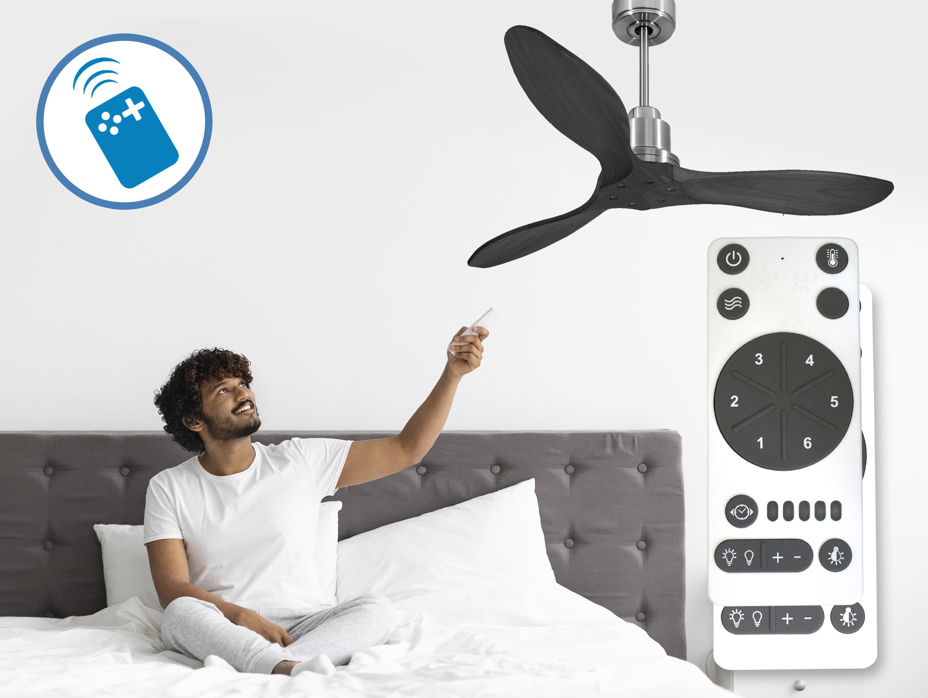Ventilatore da soffitto Reversibile Termostato Wifi Motore CC Tetti inclinati Telecomando Hypersilence Memoria FullWood Shopify Vendible (AUTOMATICO)