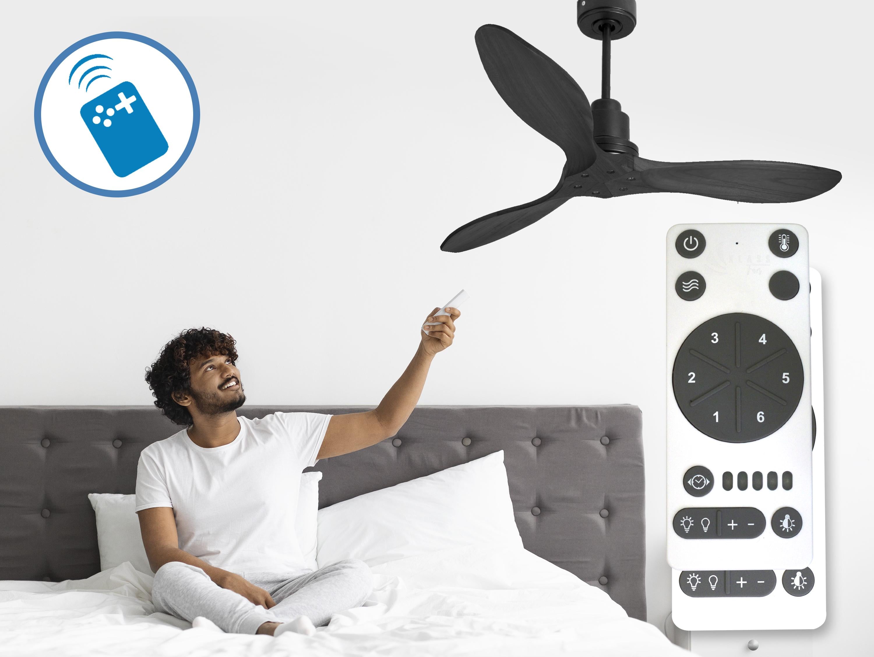 Ventilatore da soffitto Reversibile Termostato Wifi Motore CC Tetti inclinati Telecomando Hypersilence Memoria FullWood Shopify Vendible (AUTOMATICO)