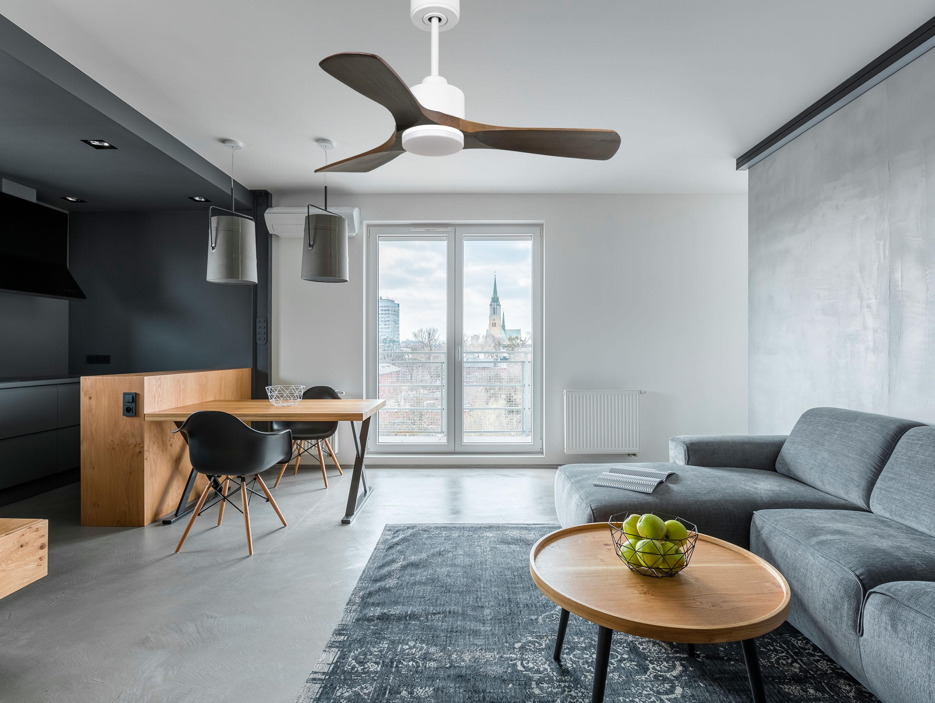 Ventilatore da soffitto Reversibile Termostato Dimmabile Wifi Motore CC Tetti inclinati Telecomando Luce a tre toni Hypersilence Memoria