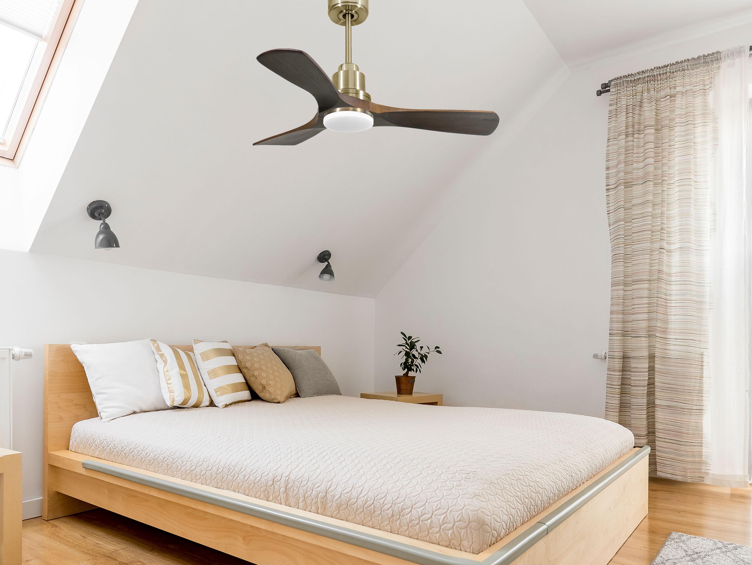 Ventilatore da soffitto Reversibile Termostato Dimmabile Wifi Motore CC Tetti inclinati Telecomando Luce a tre toni Hypersilence Memoria