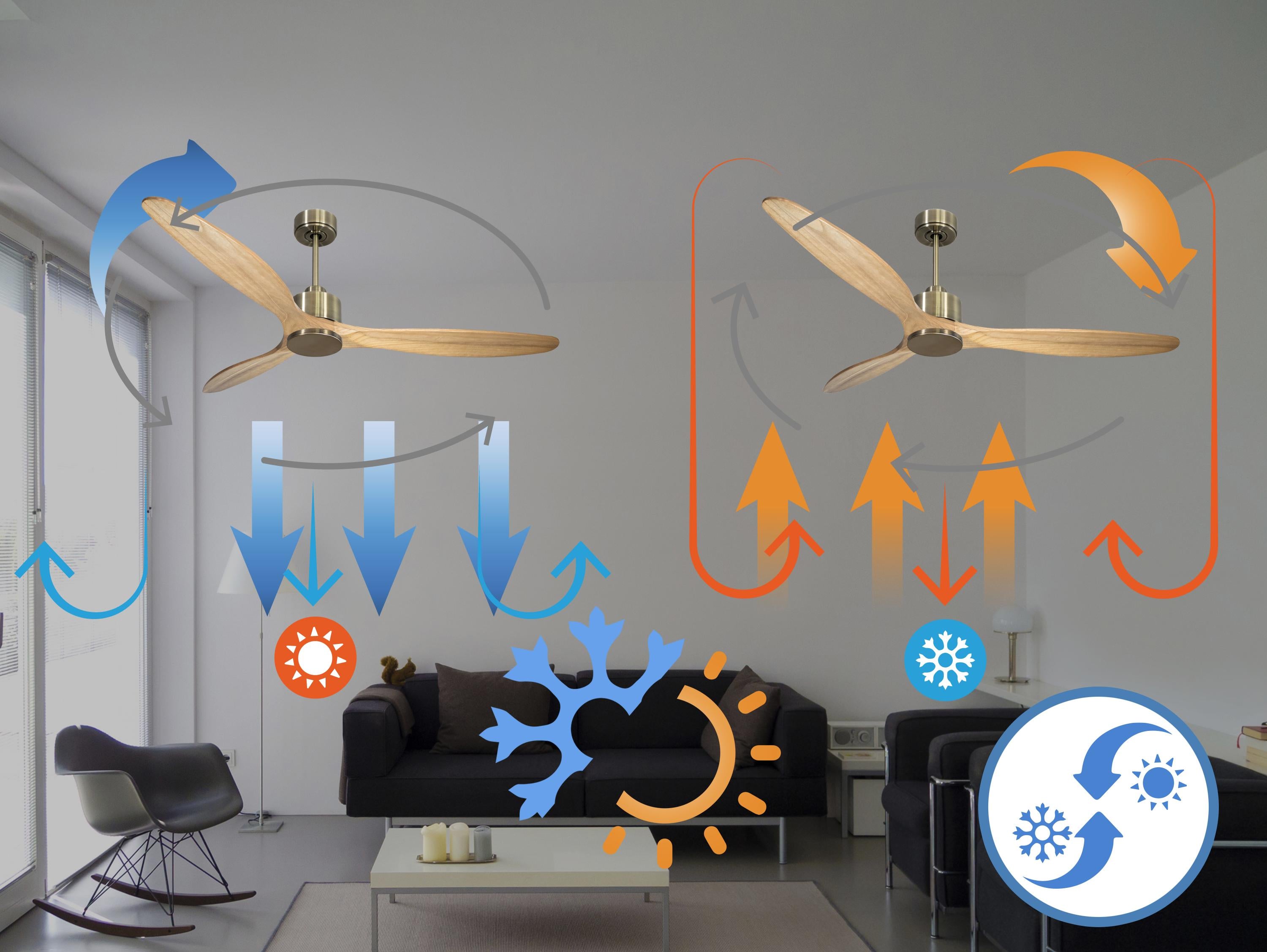Ventilatore da soffitto Reversibile Termostato Wifi Motore CC Tetti inclinati Telecomando Hypersilence Memoria