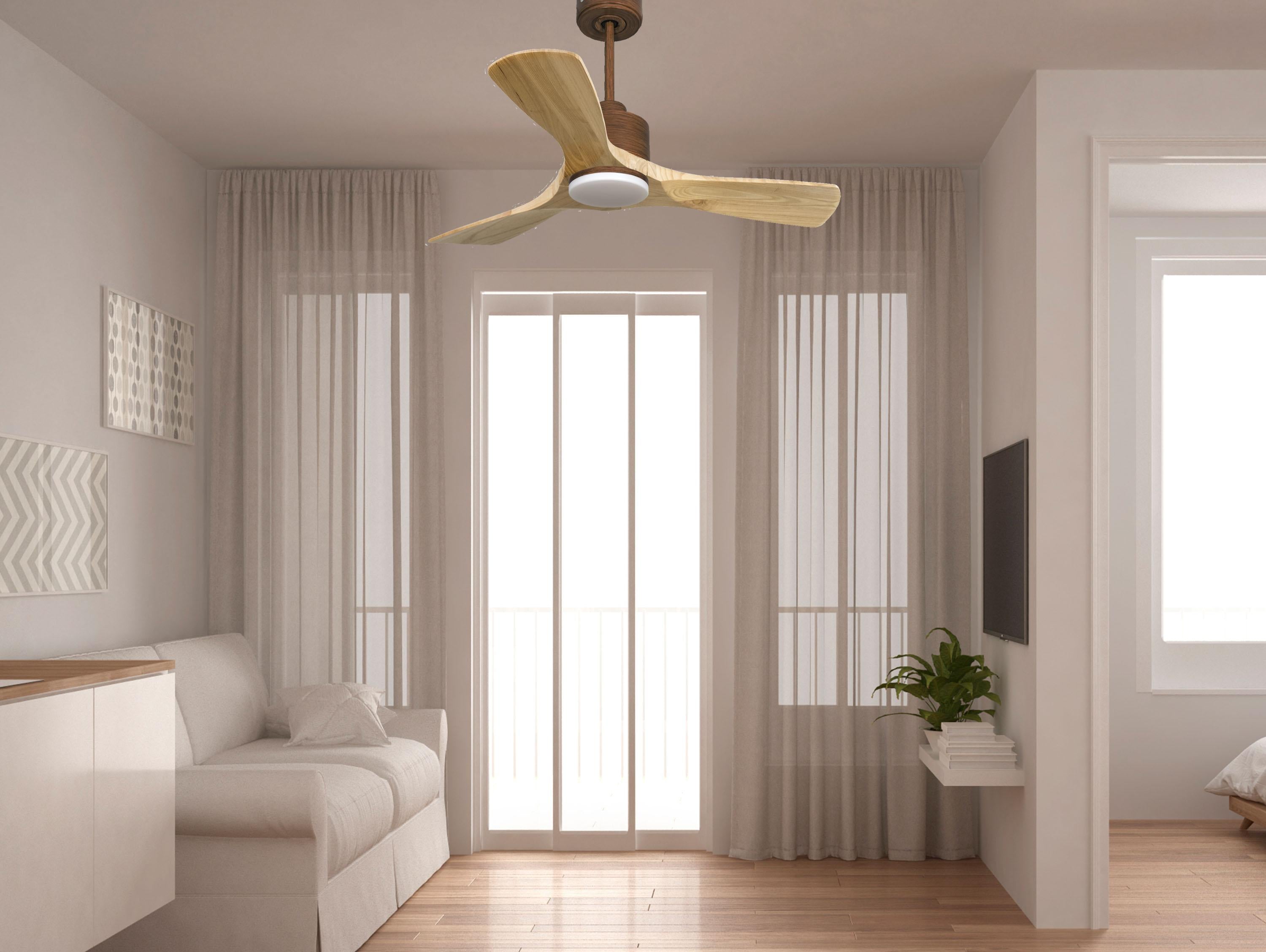 Ventilatore da soffitto Reversibile Termostato Dimmabile Wifi Motore CC Tetti inclinati Telecomando Luce a tre toni Hypersilence Memoria