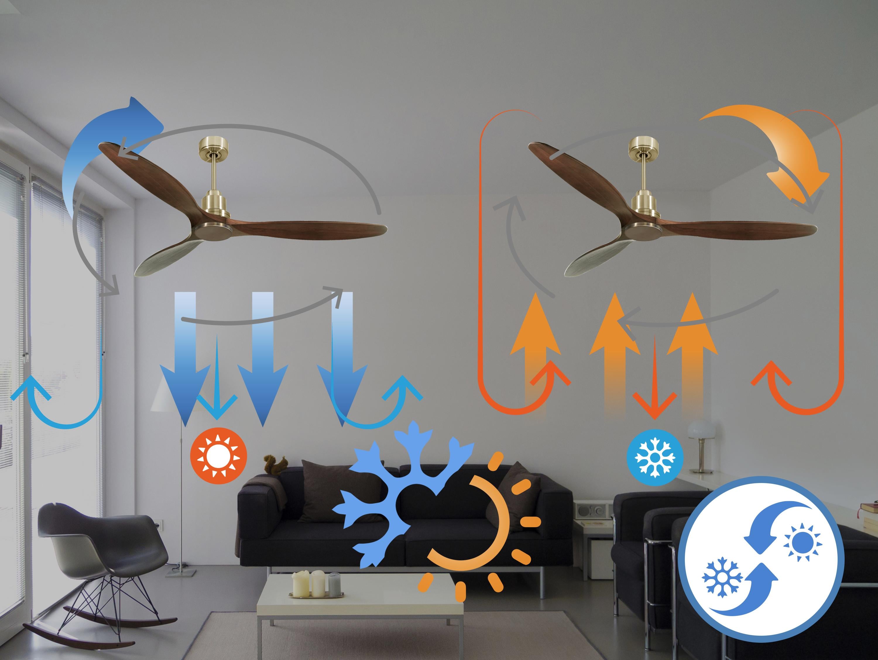 Ventilatore da soffitto Reversibile Termostato Wifi Motore CC Tetti inclinati Telecomando Hypersilence Memoria