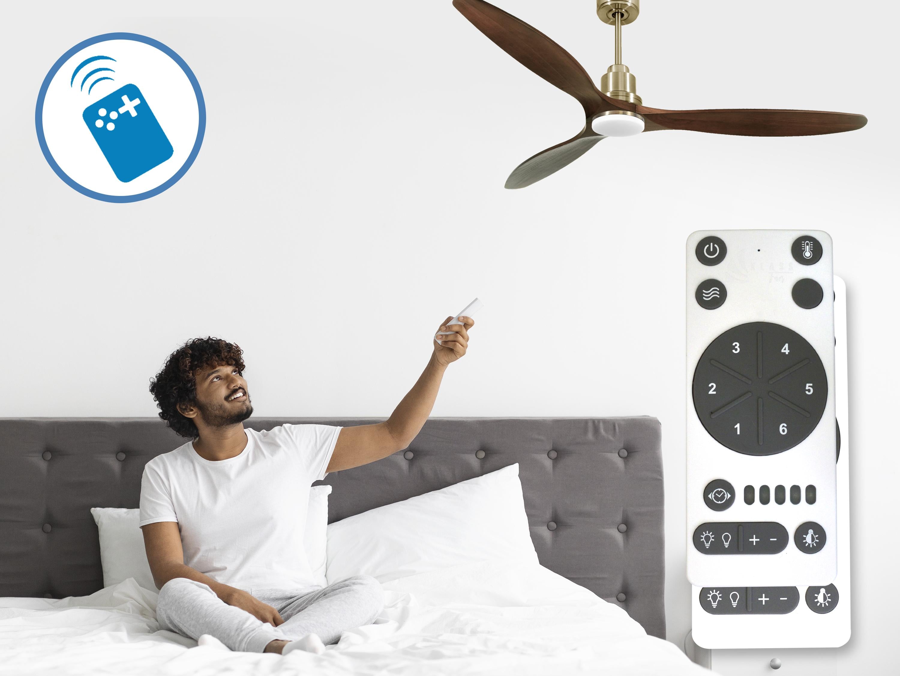 Ventilatore da soffitto Reversibile Termostato Dimmabile Wifi Motore CC Tetti inclinati Telecomando Luce a tre toni Hypersilence Memoria
