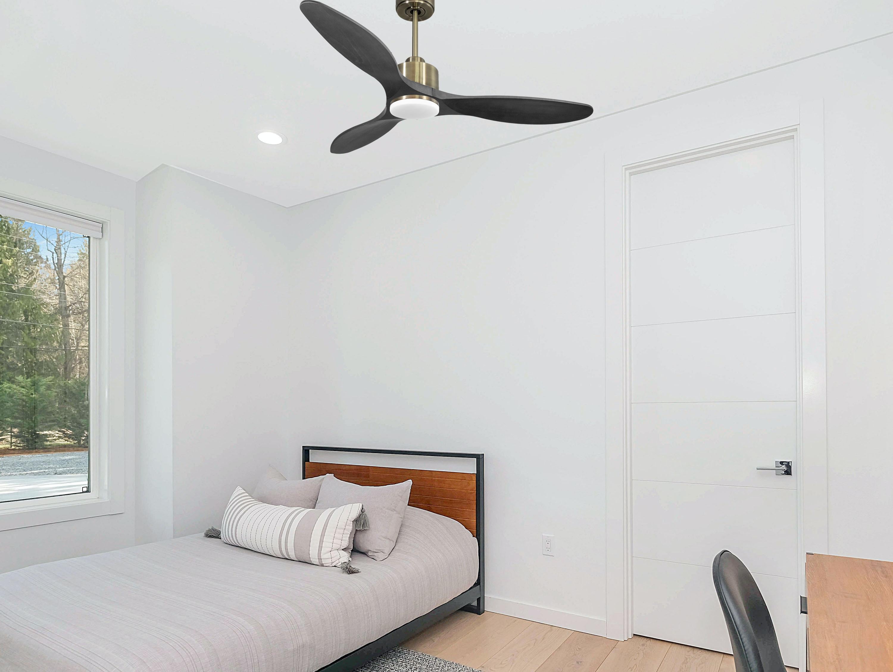 Ventilatore da soffitto Reversibile Termostato Dimmabile Wifi Motore CC Tetti inclinati Telecomando Luce a tre toni Hypersilence Memoria